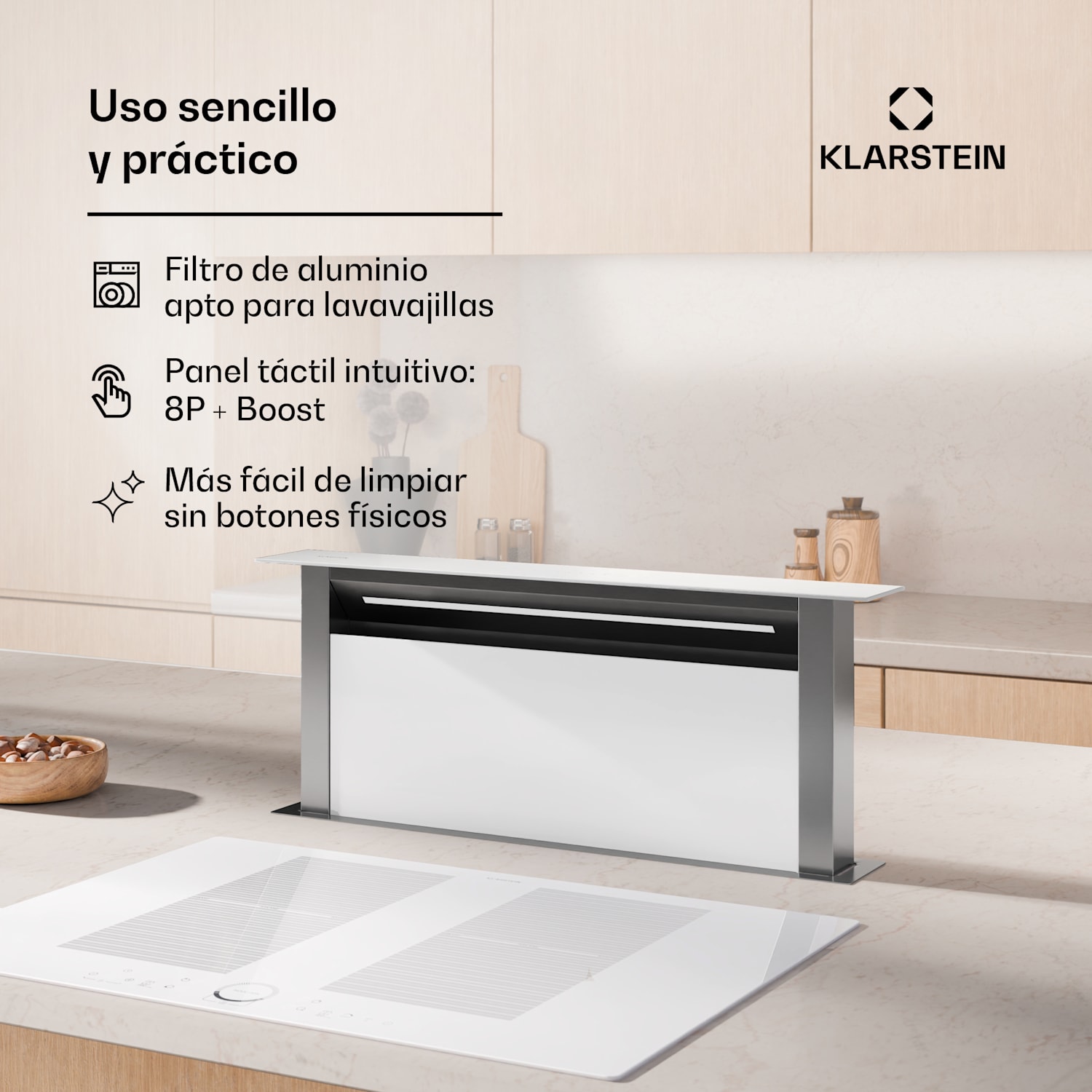 Campana extractora Royal Flush Eco | Retráctil | 713,8 m³/h | Boost | Funcionamiento táctil | CEE A++ 75 cm | Blanco | Acero Inoxidable