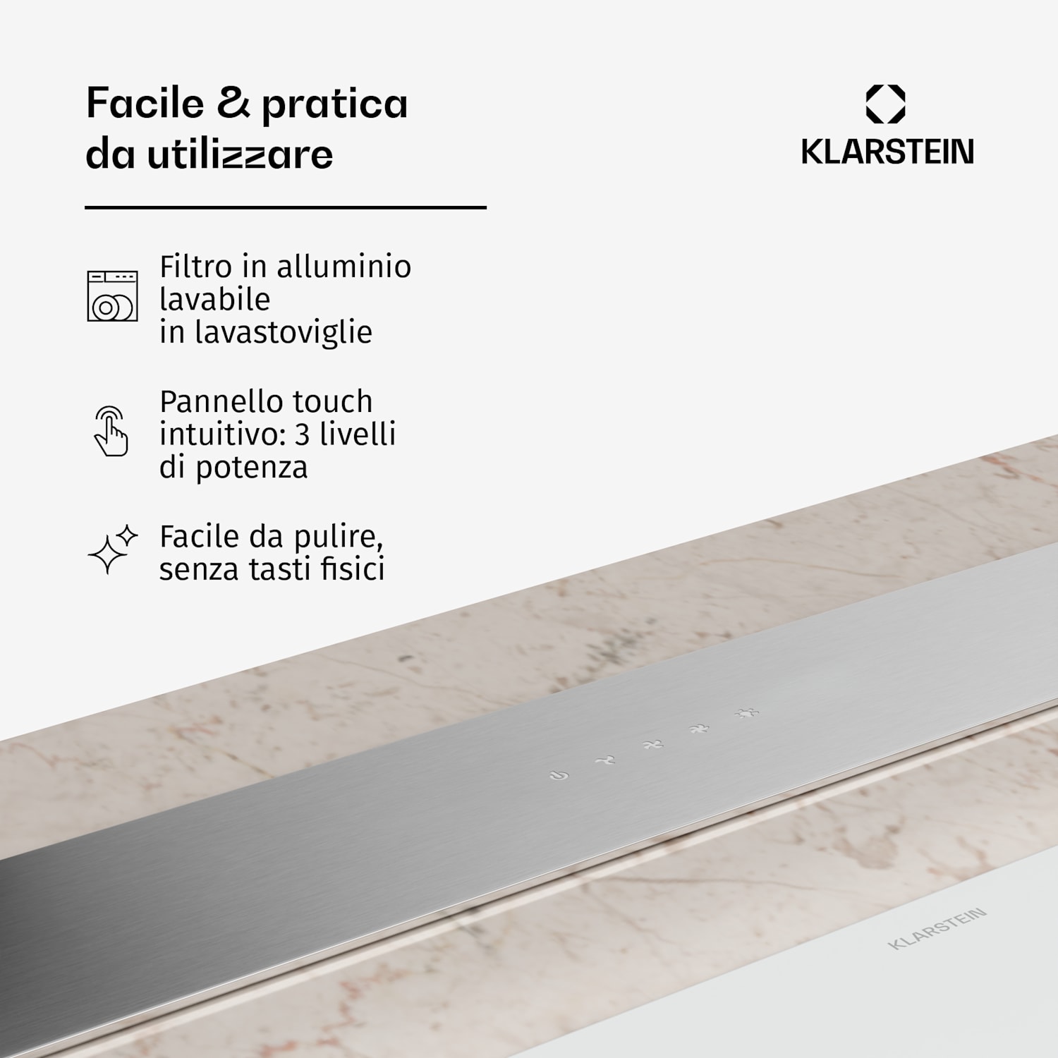Royal Flush Eco - Cappa aspirante | A scomparsa | 604 m³/ora | Controllo touch | Classe energetica A++ 77 cm | Argento | Argento