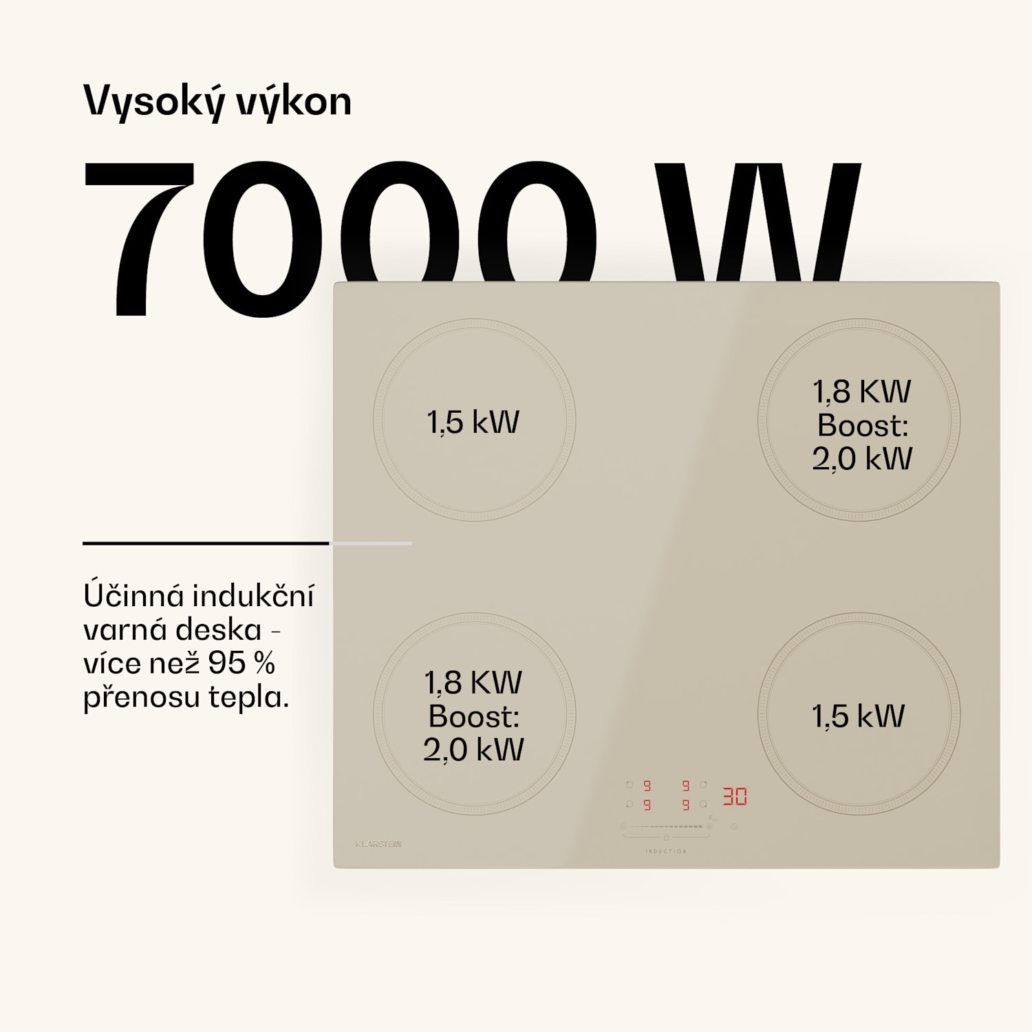 Victoria indukční varná deska, 60 cm, 4 varné desky, posuvník, funkce Boost 60 cm | Krémová