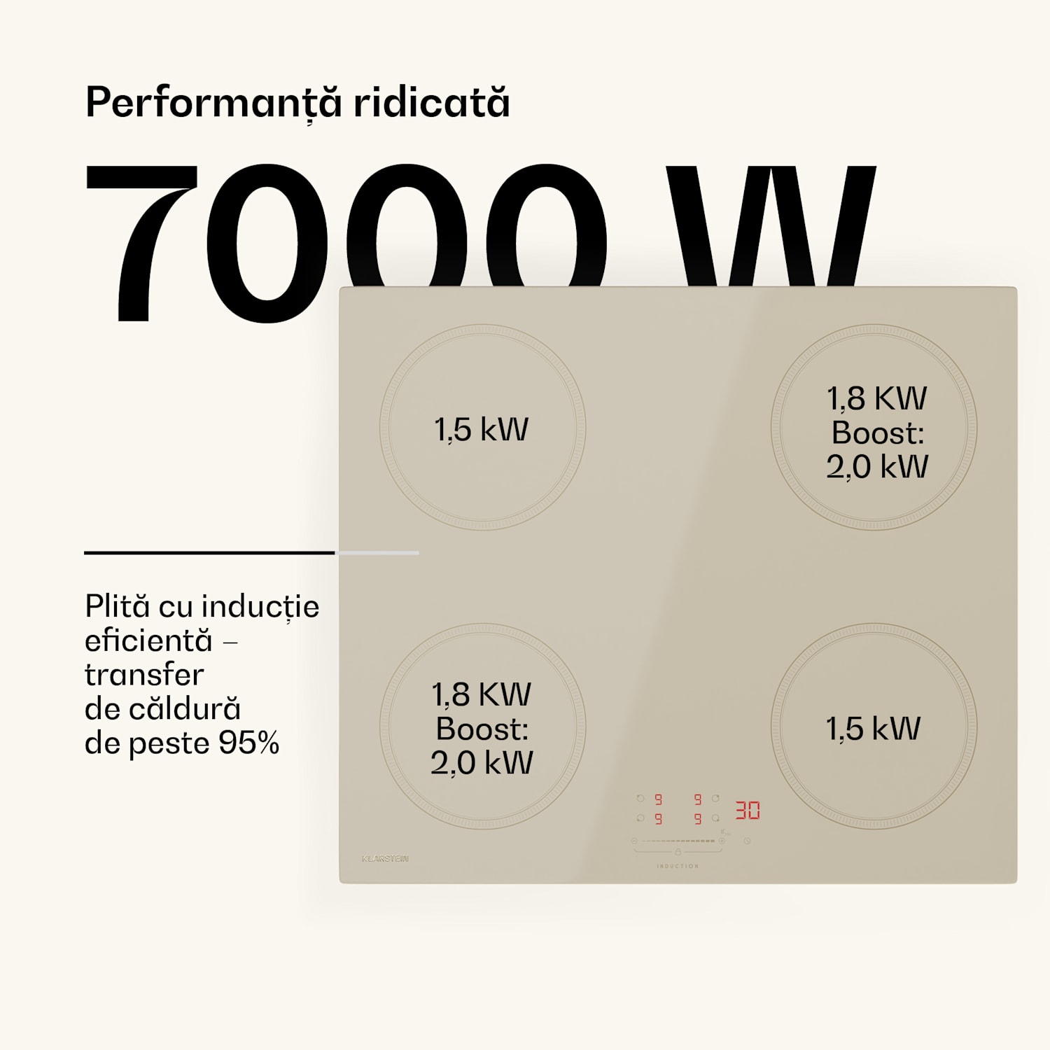 Plită cu inducție Victoria, 60 cm, 4 plite, glisantă, funcție Boost 60 cm | Crem