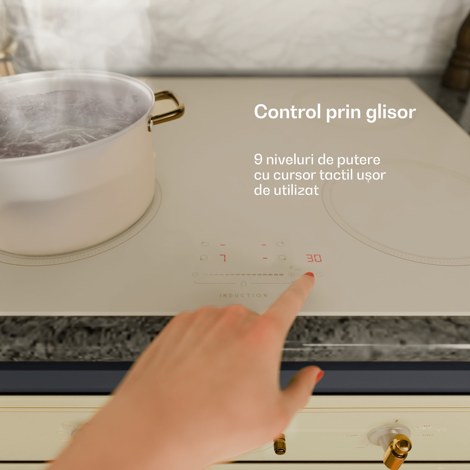 Plită cu inducție Victoria, 60 cm, 4 plite, glisantă, funcție Boost 60 cm | Crem
