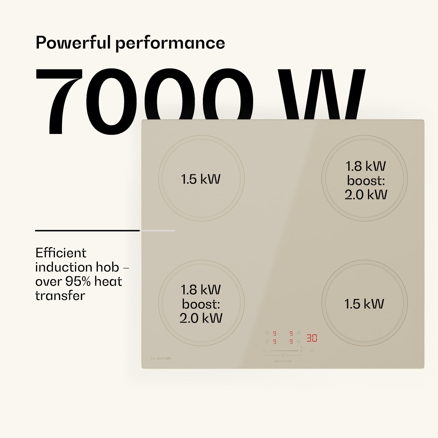 Victoria inductiekookplaat | 60 cm | 4 kookvelden | schuifknop | boostfunctie 60 cm | Crème