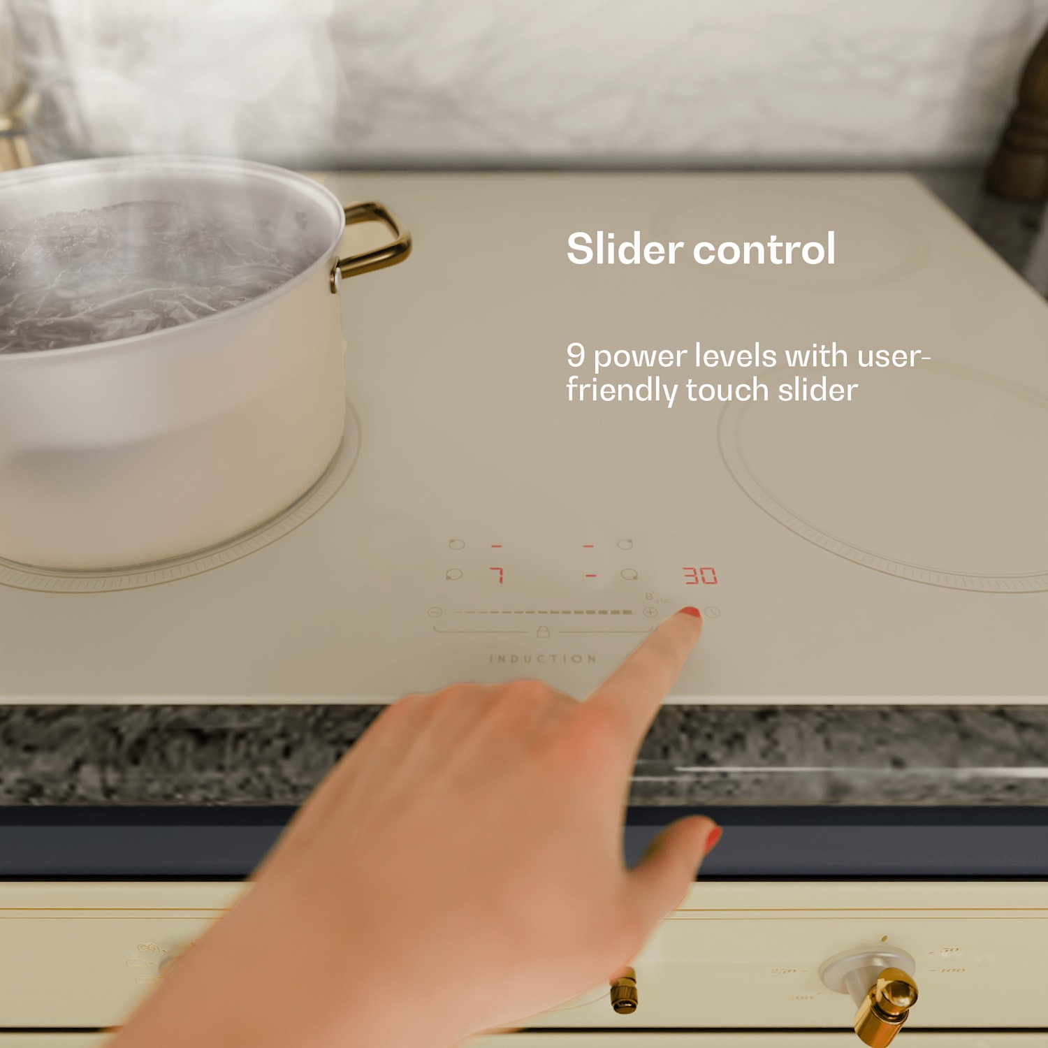 Victoria inductiekookplaat | 60 cm | 4 kookvelden | schuifknop | boostfunctie 60 cm | Crème