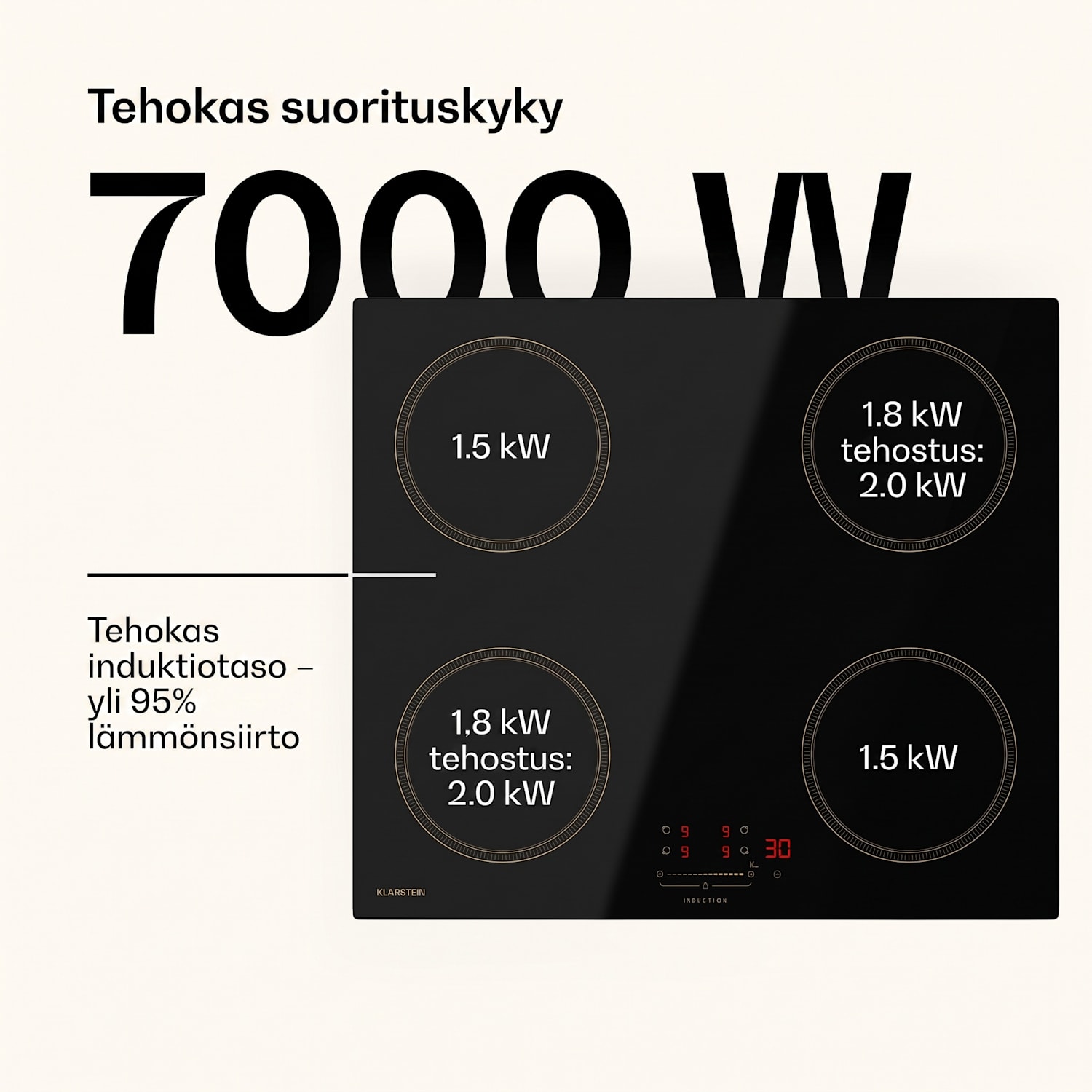 Victoria-induktiokeittotaso | 60 cm | 4 keittoaluetta | liukusäädin | turbo-toiminto 60 cm | ei Flex-aluetta | Musta