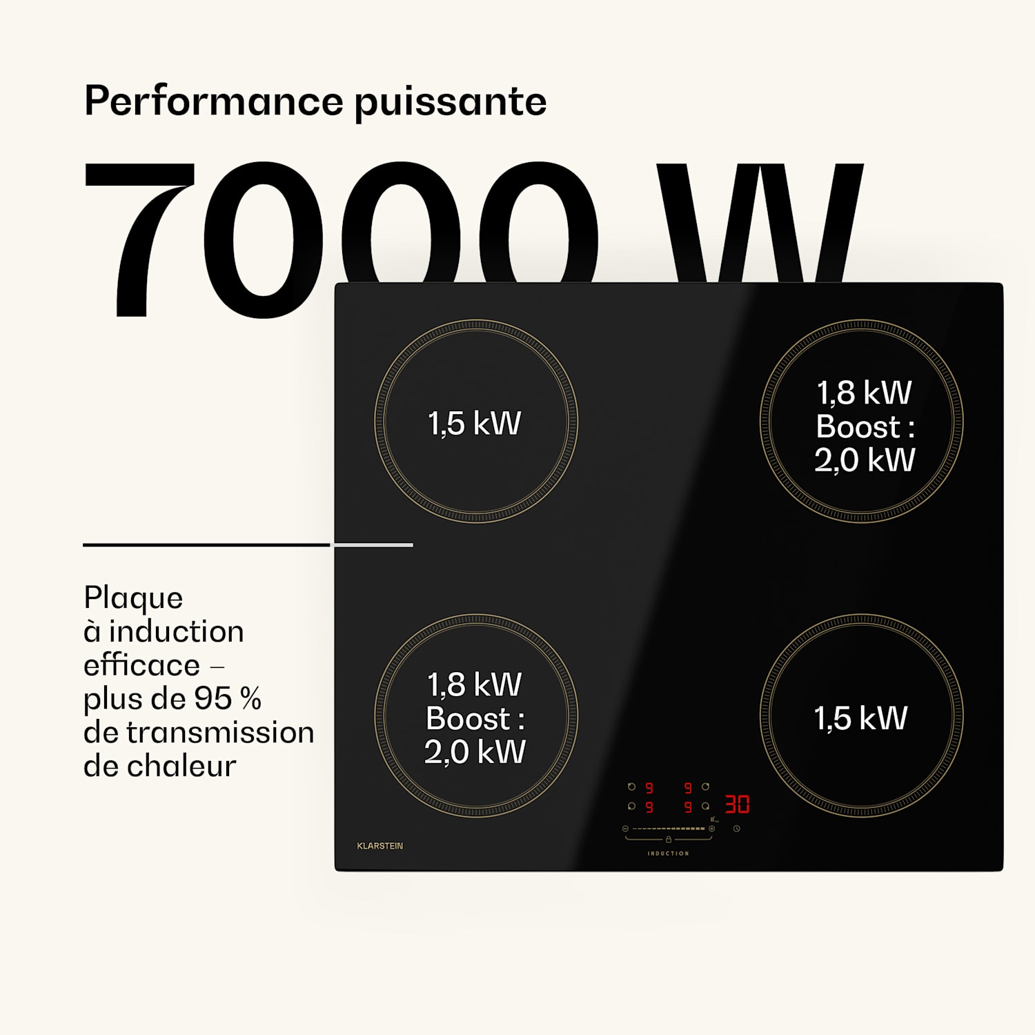 Victoria Table de cuisson à induction | 60 cm | 4 foyers | Curseur | Fonction Boost 