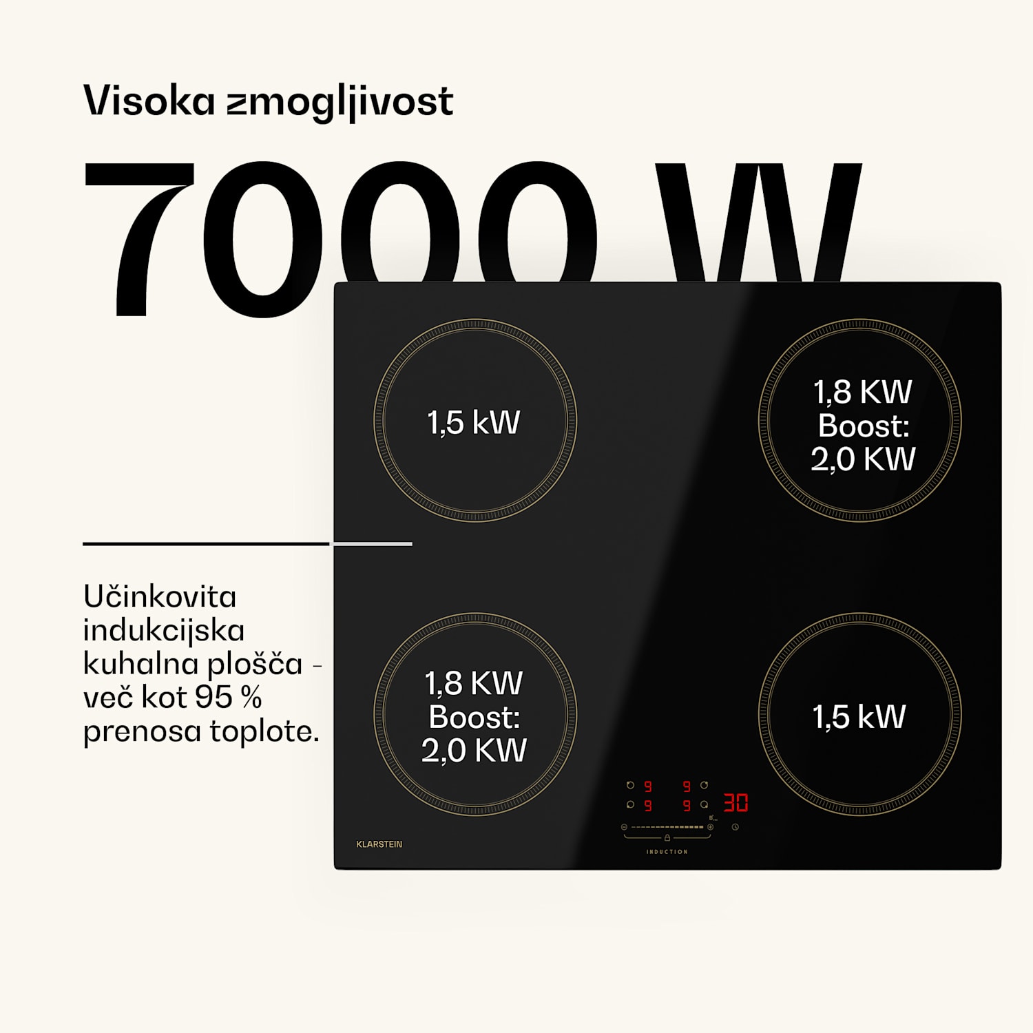 Victoria Indukcijska kuhalna plošča, 60 cm, 4 kuhalne plošče, drsnik, funkcija Boost 60 cm | Črna