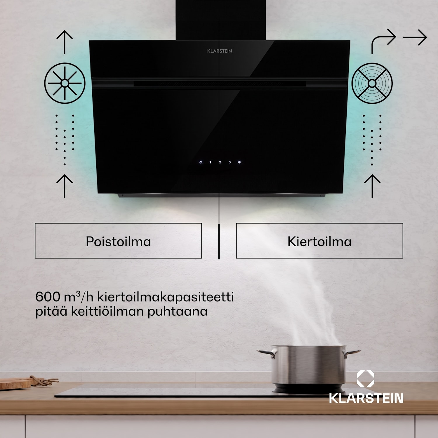 Alina-liesituuletin | energiatehokkuusluokka A | kosketus | LED-valaistus | poistoilma/kiertoilma | 600 m³/h 60 cm | Ei | Musta