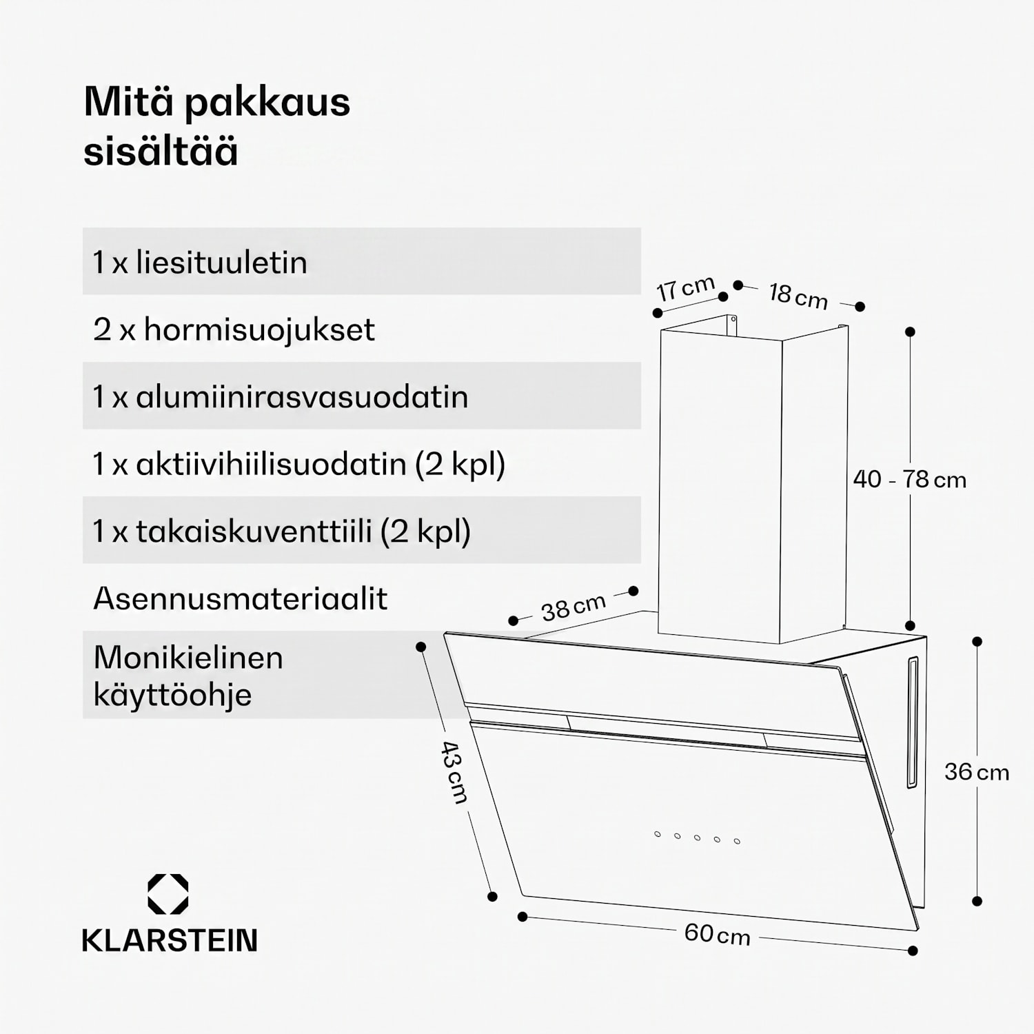 Alina-liesituuletin | energiatehokkuusluokka A | kosketus | LED-valaistus | poistoilma/kiertoilma | 600 m³/h 60 cm | Ei | Musta
