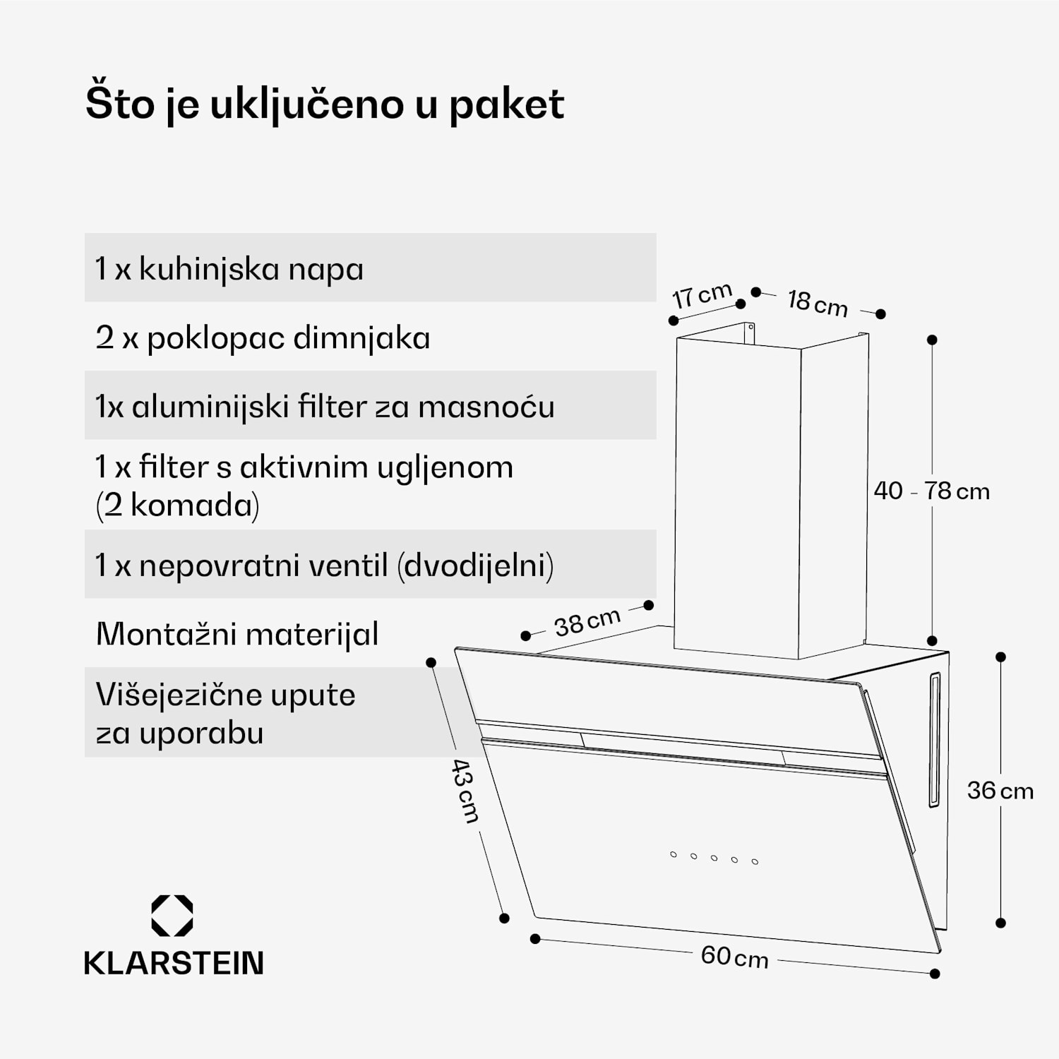 Alina napa, EEK A, na dodir, LED osvjetljenje, Ekstrakcija/recirkulacija, 600 m³/h 60 cm | Crna