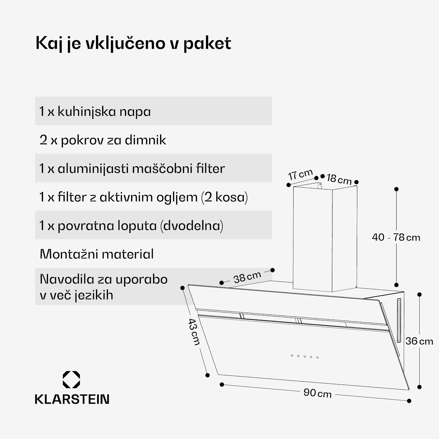 Alina kuhinjska napa, EEK A, Touch, LED osvetlitev, Odsesavanje/recirkulacija, 615 m³/h 90 cm | Črna