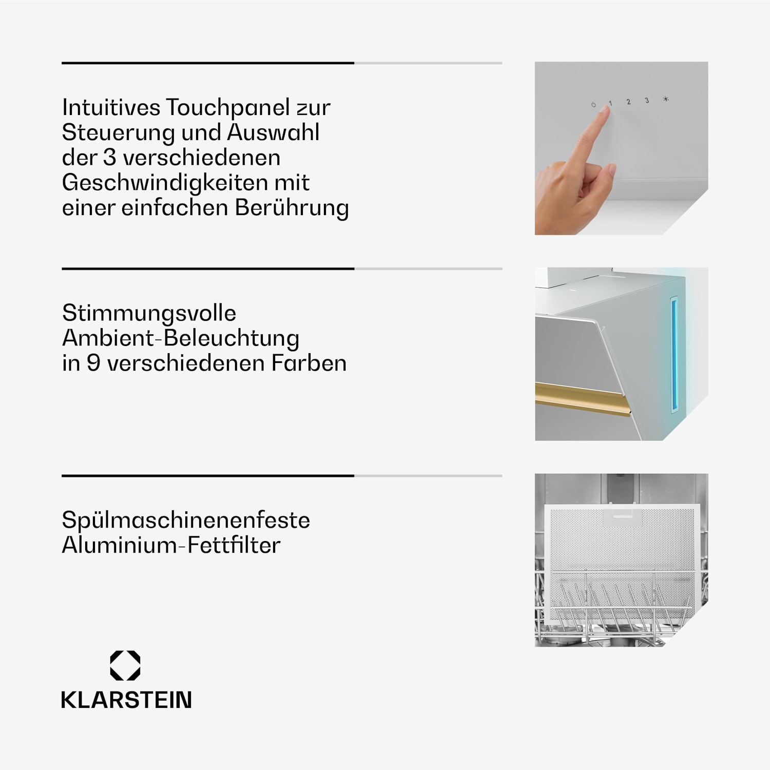 Alina Dunstabzugshaube | EEK A | Touch | LED-Beleuchtung | Abluft/Umluft | 600 m³/h 