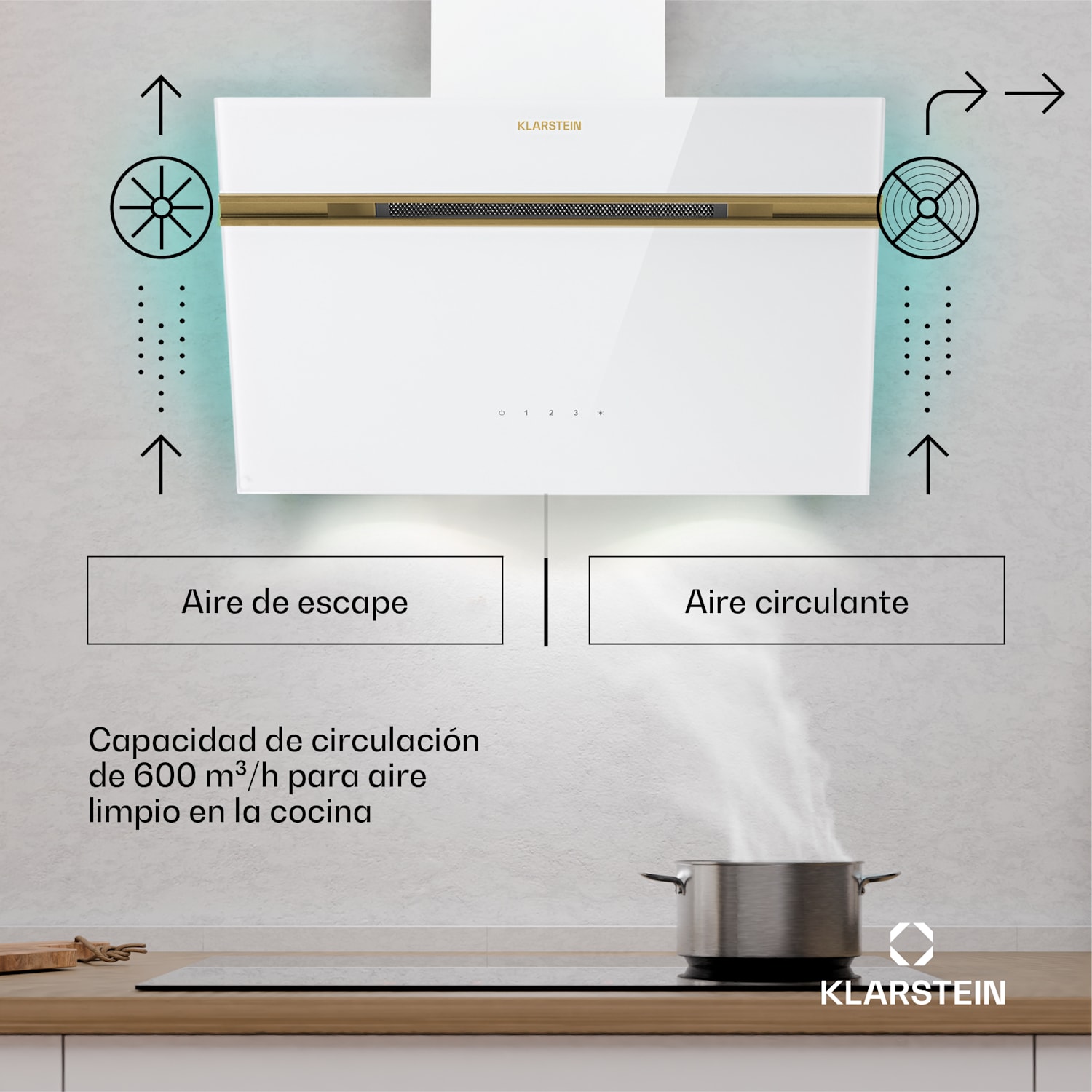 Campana extractora Alina | CEE A | Táctil | Iluminación LED | Extracción de aire/recirculación | 600 m³/h 60 cm | Blanco / Oro Antiguo Metálico