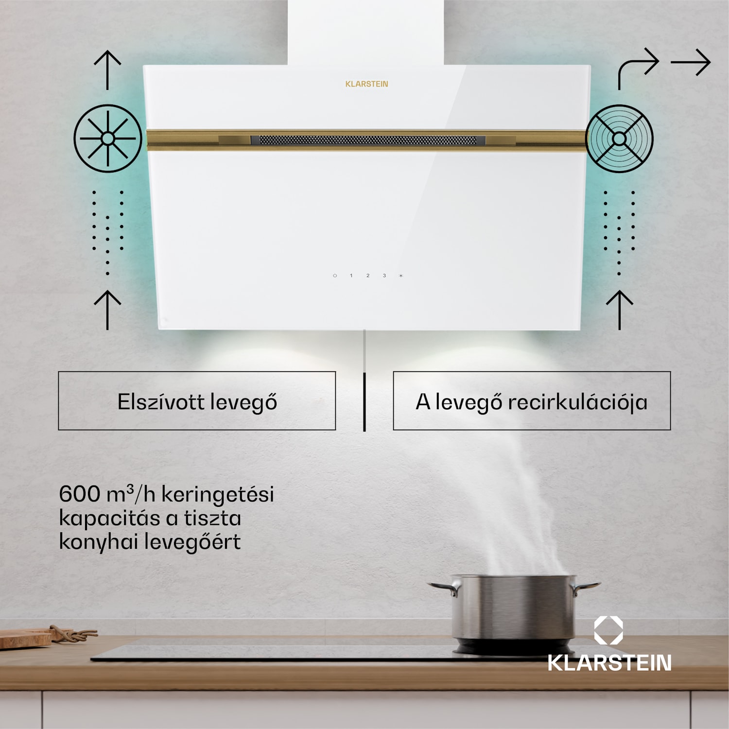 Alina páraelszívó, EEK A, Touch, LED világítás, Elszívás/visszaforgatás, 600 m³/h 60 cm | Fehér / Antik arany fém