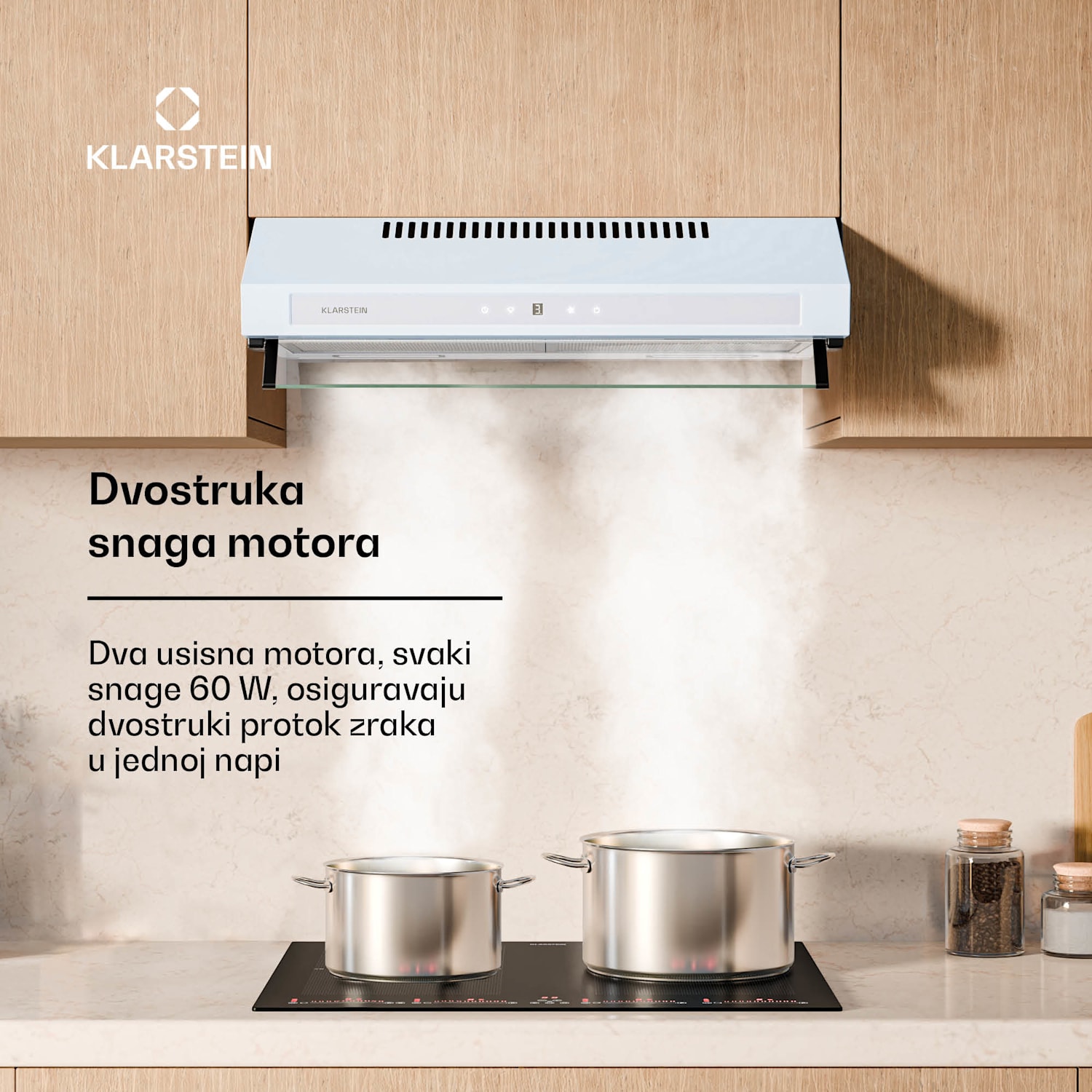 Purista Force napa, Kompaktna, 384,8 m³/h, EEK C, Tehnologija dva motora 60 cm | Bijela