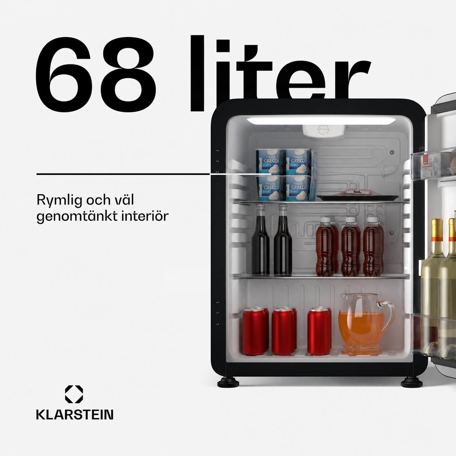 Audrey Evo minikylskåp | 68 l | retrodesign | tyst | kompakt | 3 färger 68 Ltr | Svart