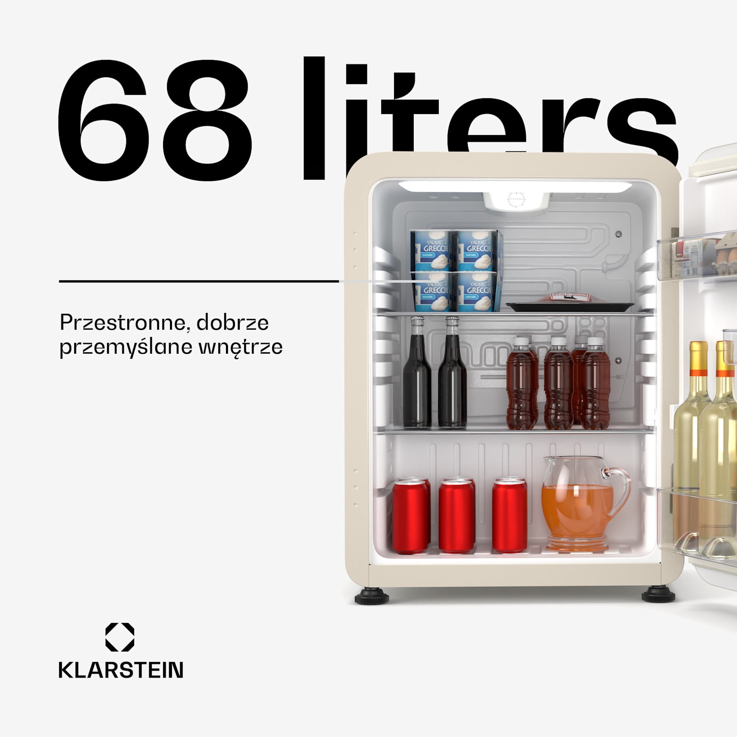 Minilodówka Audrey Evo, 68l, retro design, cicha, kompaktowa, 3 kolory 68 Ltr | Kremowy