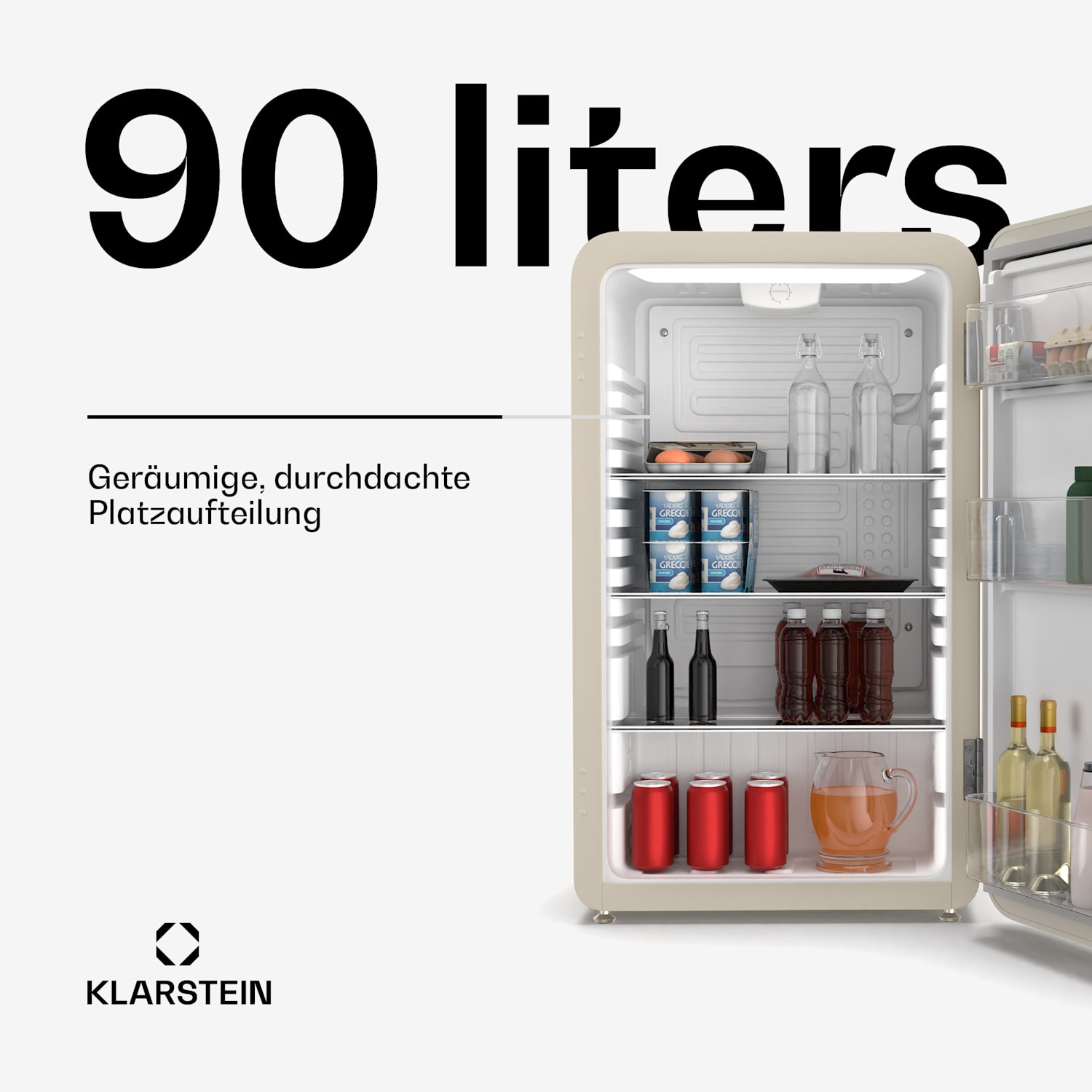 Audrey Evo Mini Kühlschrank | 90L | Retro-Design | leise | kompakt | 3 Farben 90 Ltr | Creme