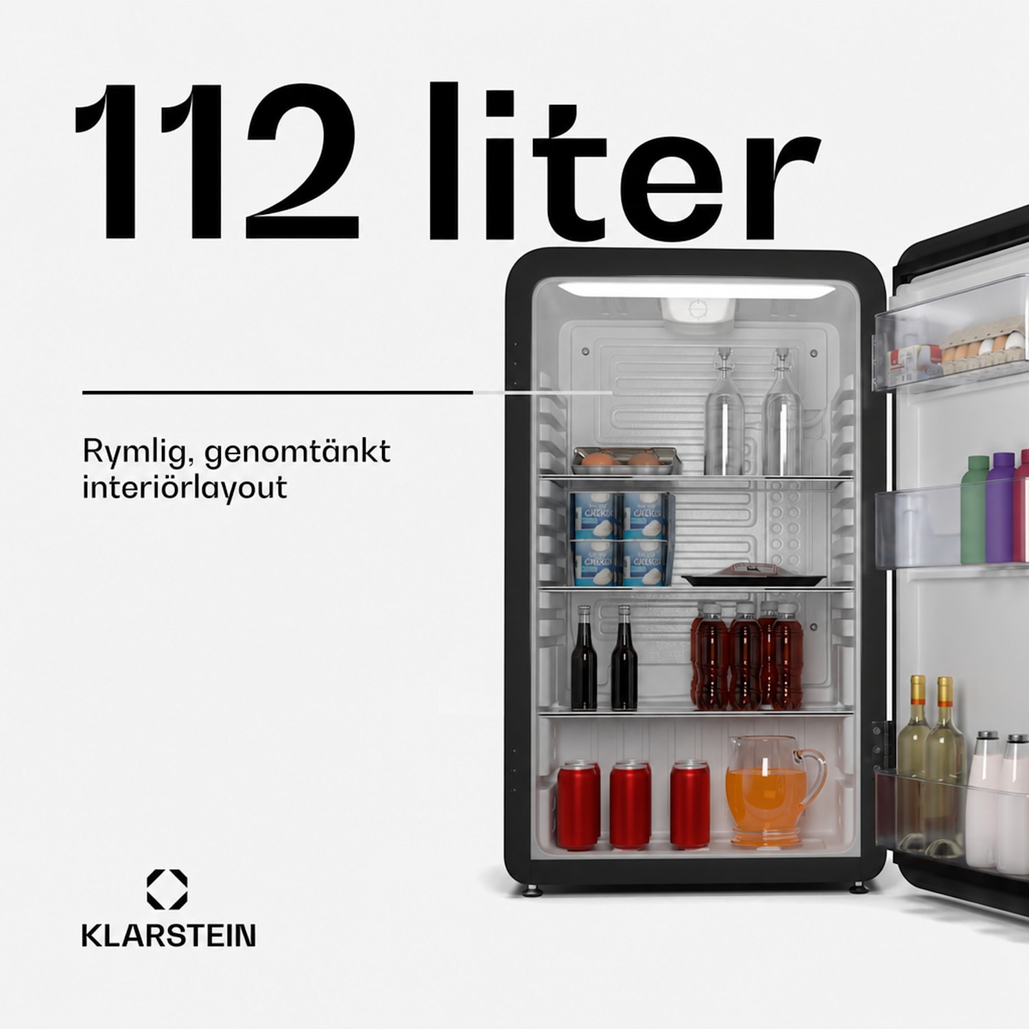 Audrey Evo kylskåp | 112 l | retrodesign | tyst | kompakt | 3 färger 112 l | Svart