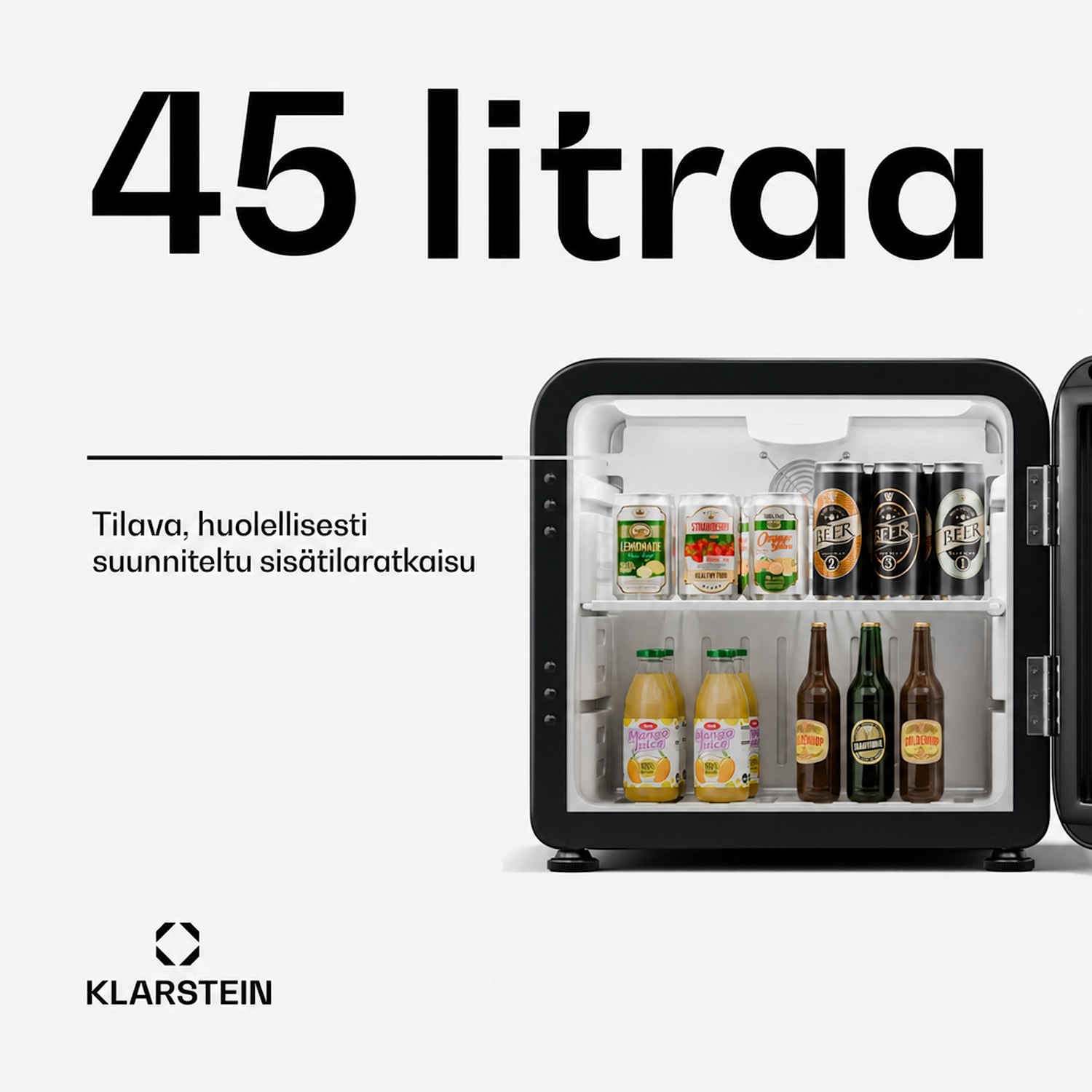 Audrey Evo juomajääkaappi | retro-design | lasiovi | 45 l | energiatehokkuusluokka C 45 l | Musta