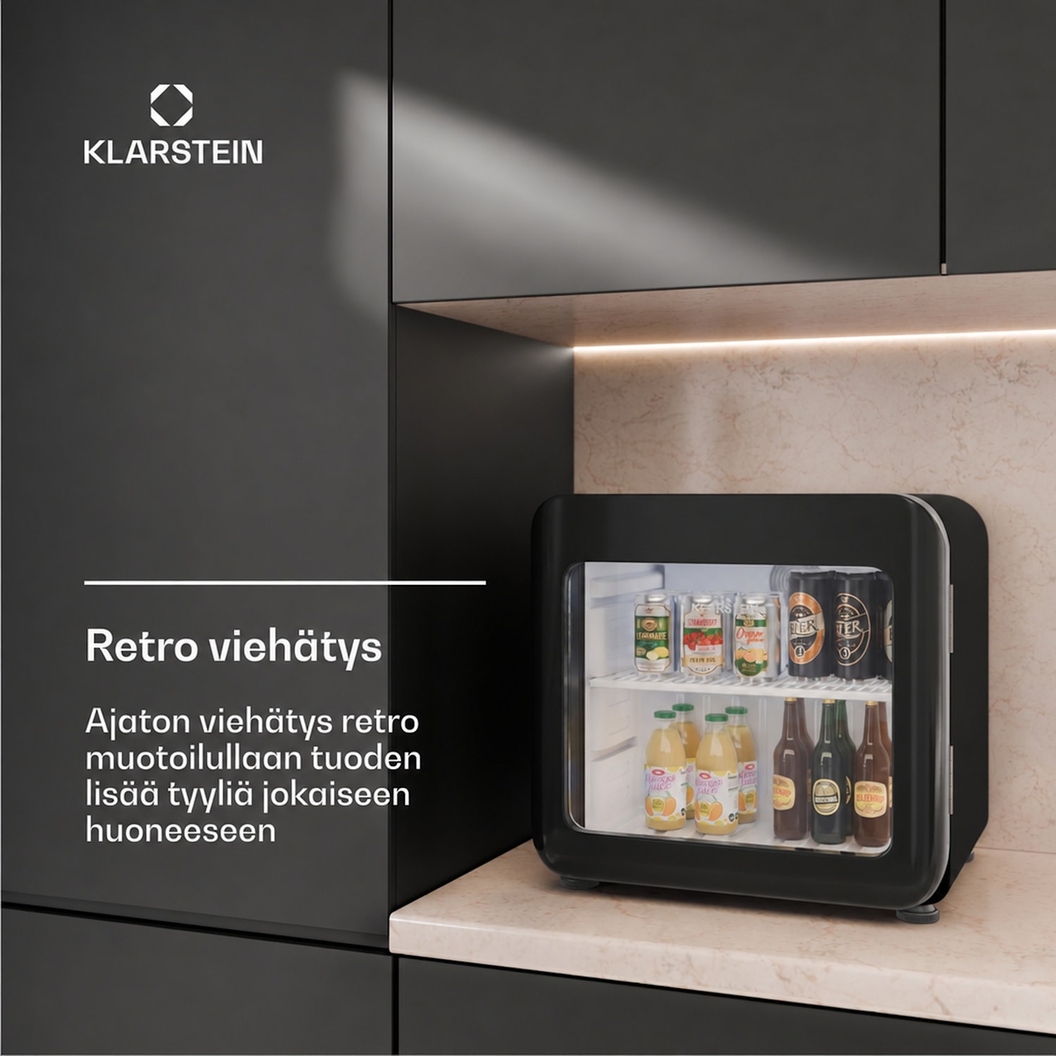 Audrey Evo juomajääkaappi | retro-design | lasiovi | 45 l | energiatehokkuusluokka C 45 l | Musta