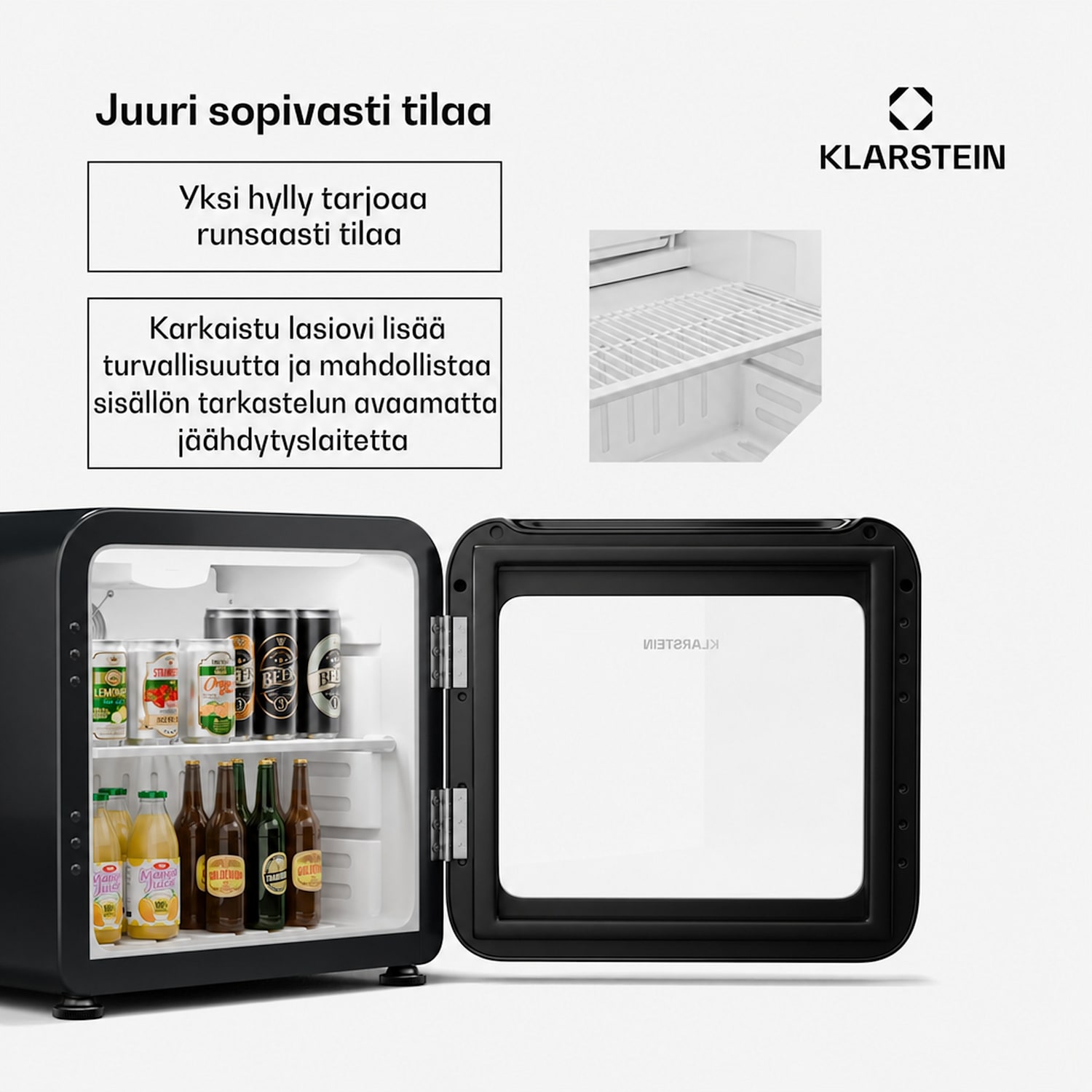 Audrey Evo juomajääkaappi | retro-design | lasiovi | 45 l | energiatehokkuusluokka C 45 l | Musta