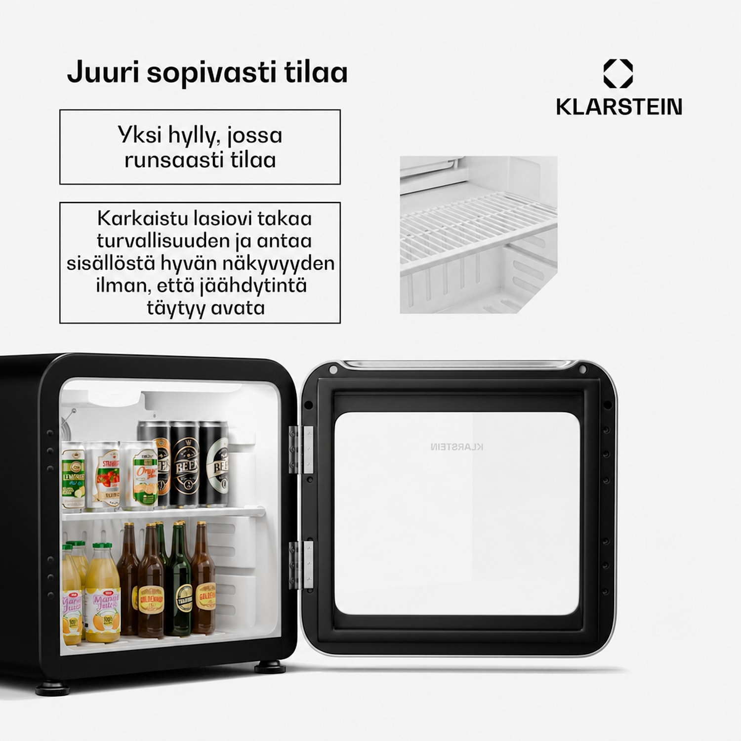 Audrey Evo juomajääkaappi | retro-design | lasiovi | 45 l | energiatehokkuusluokka C 45 l | Hopea