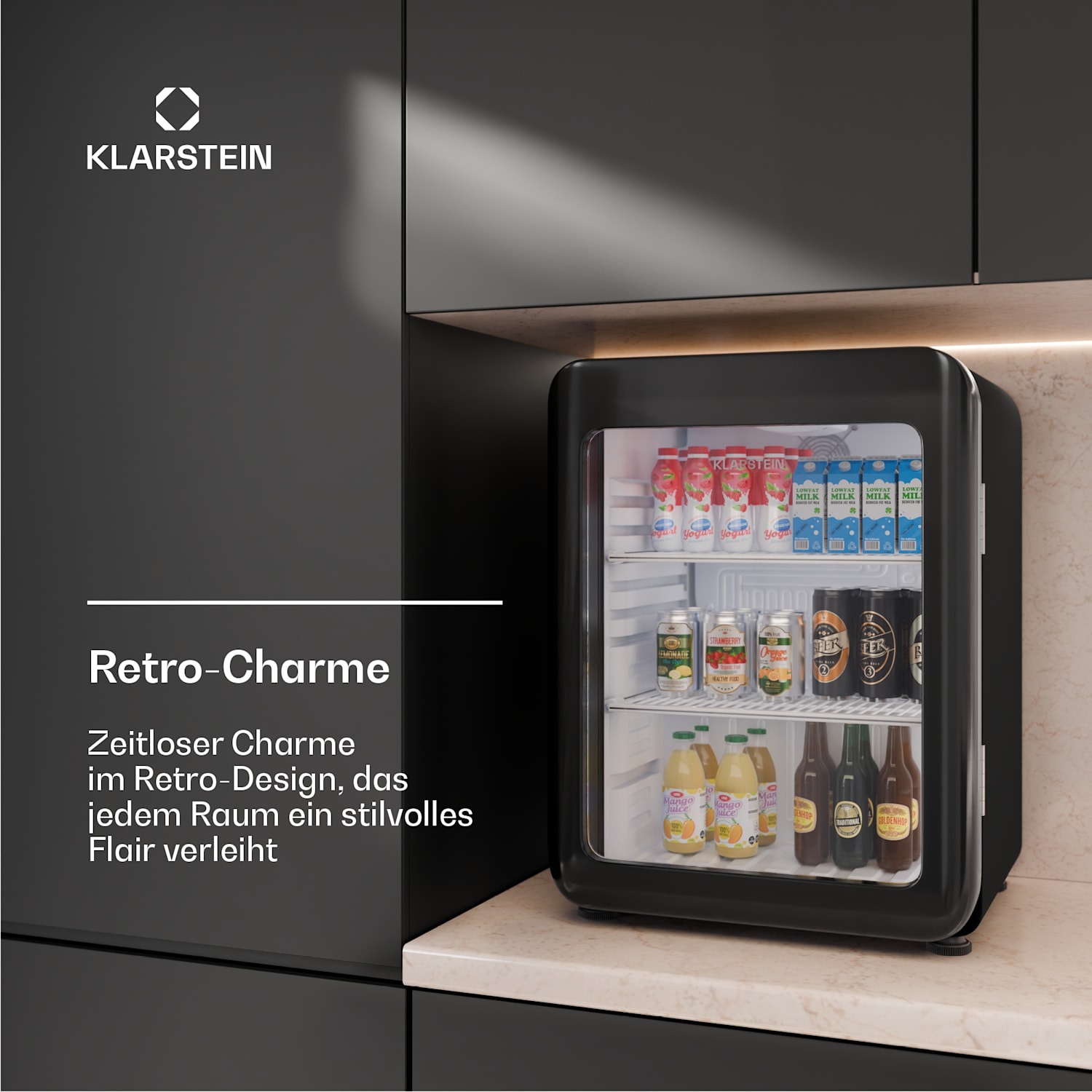 Audrey Evo Getränkekühlschrank | Retro-Design | Glastür | 68 L | EEK C 68 Ltr | Schwarz