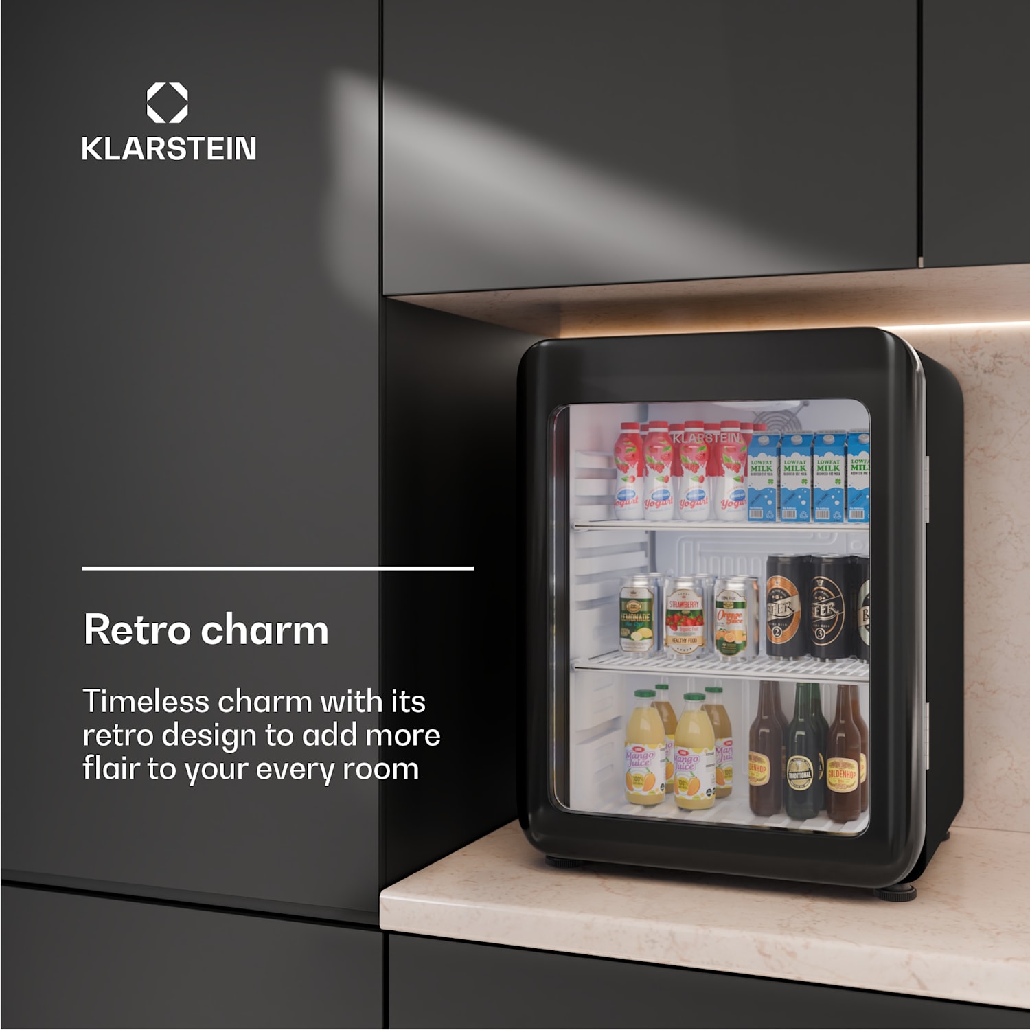 Audrey Evo juomajääkaappi | retro-design | lasiovi | 68 l | energiatehokkuusluokka C 68 l | Musta