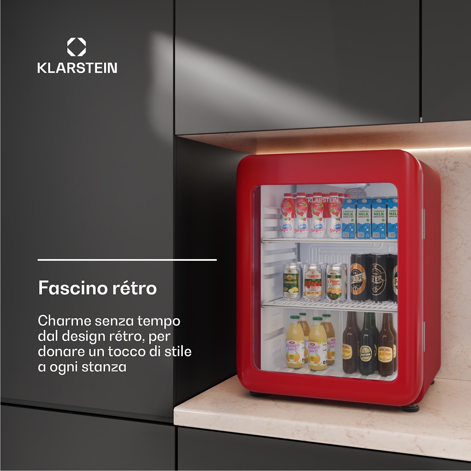 Audrey Evo - Frigorifero per bevande | Design rètro | Sportello in vetro | 68 L | Classe energetica C 68 Ltr | Rosso