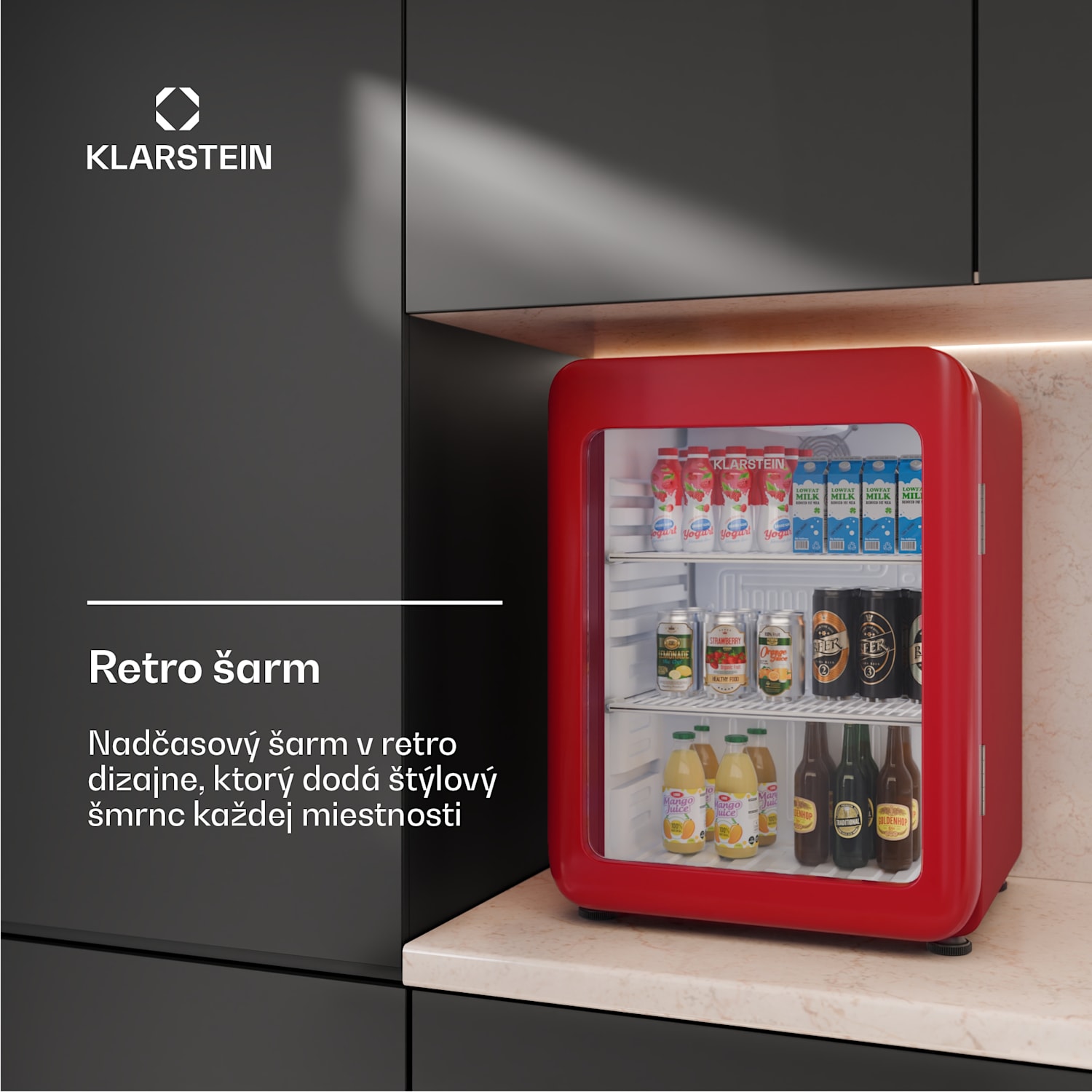 Audrey Evo chladnička na nápoje, Retro dizajn, sklenené dvere, 68 L, EEK C 68 Ltr | Červená