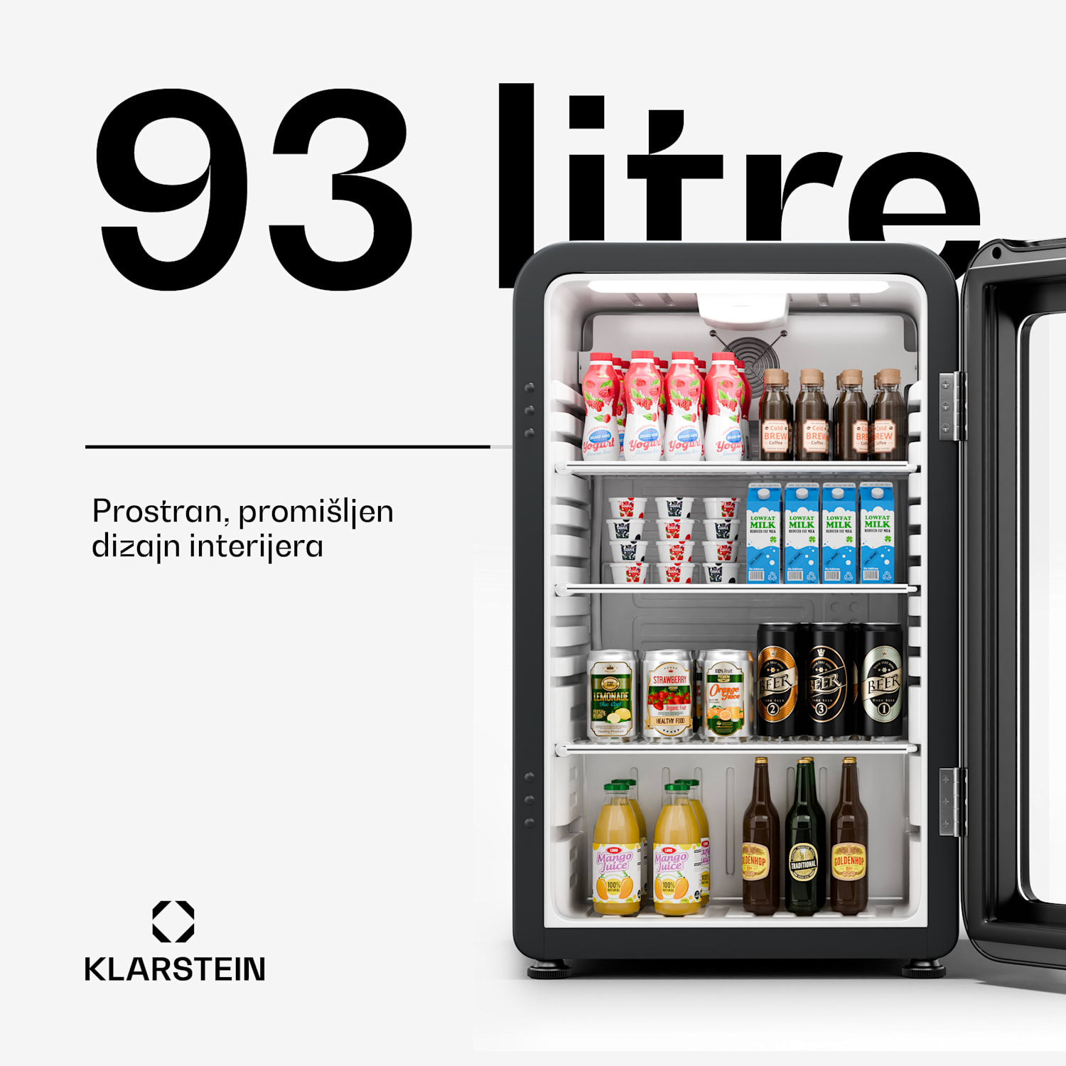 Audrey Evo hladnjak za piće, Retro dizajn, staklena vrata, 93 L| EEK C 93 Ltr | Crna