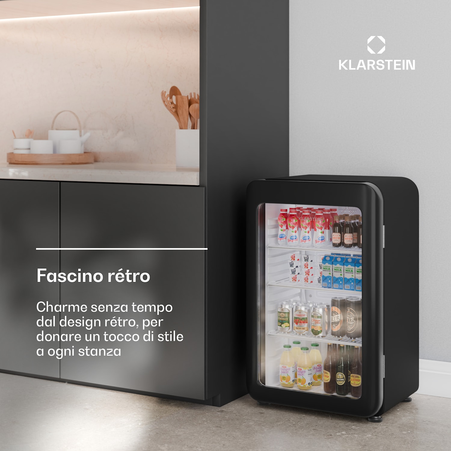 Audrey Evo - Frigorifero per bevande | Design rètro | Sportello in vetro | 93 L | Classe energetica C 93 Ltr | Nero