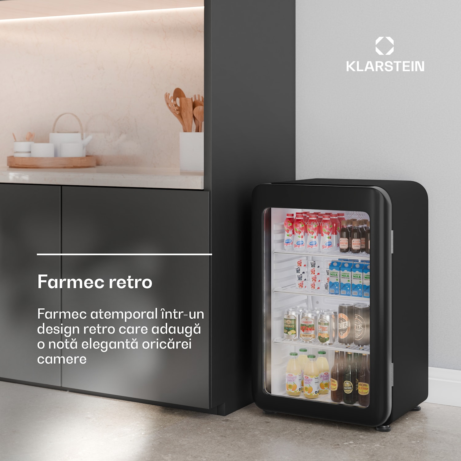 Audrey Evo frigider pentru băuturi, Design retro, Uși din sticlă, 93 L, Clasa energetică C 93 Ltr | Negru