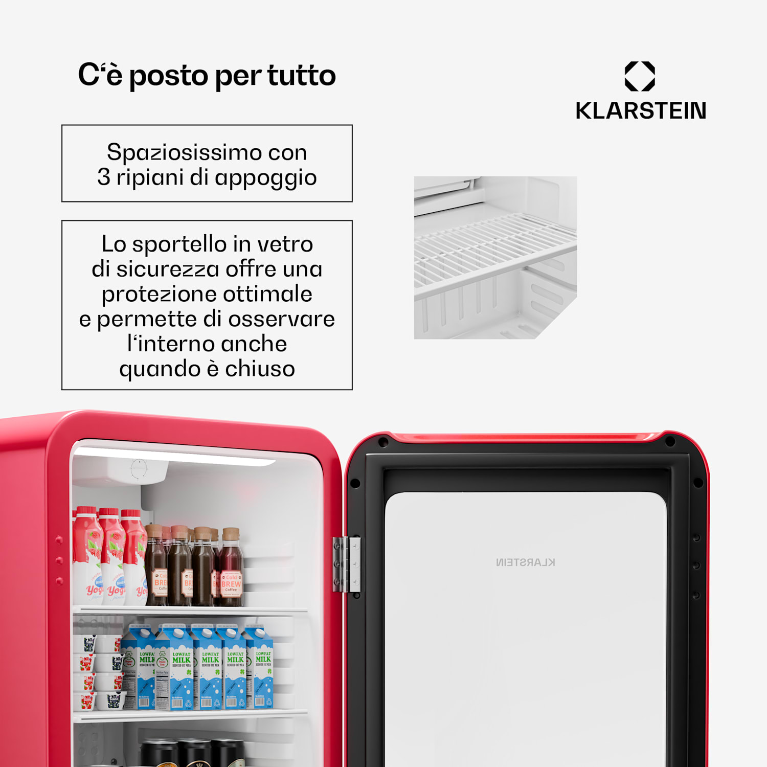 Audrey Evo - Frigorifero per bevande | Design rètro | Sportello in vetro | 113 L | Classe energetica C 113 Ltr | Rosso