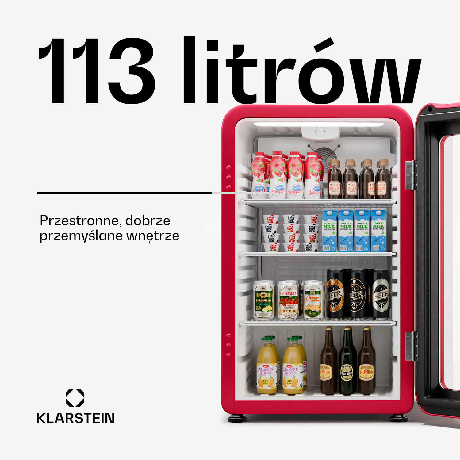Audrey Evo lodówka na napoje, design retro, szklane drzwi, 113 l, klasa energetyczna C 113 Ltr | Czerwony