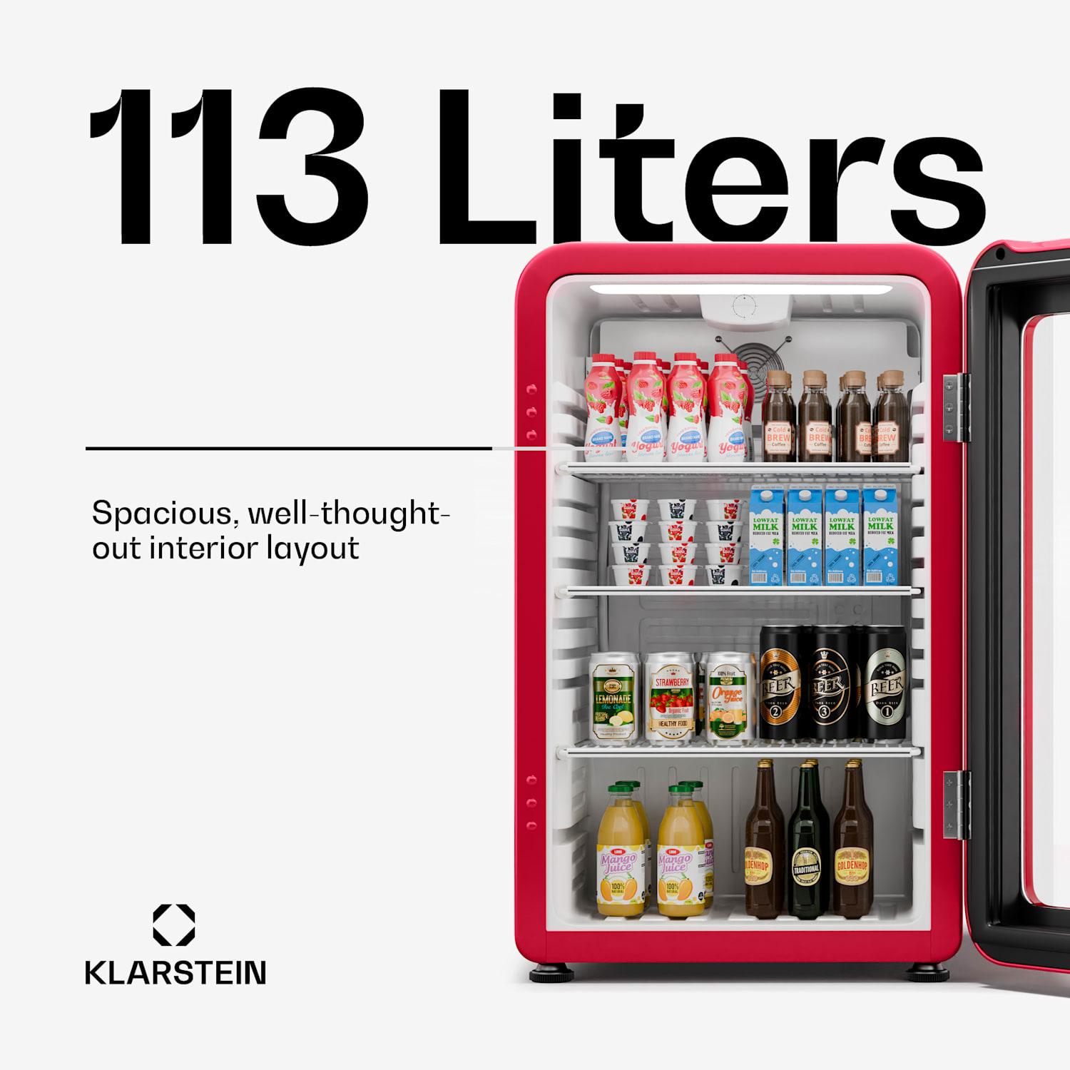 Audrey Evo drankenkoeling | retro design | glazen deur | 113L | EEK C 113 Ltr | Rood