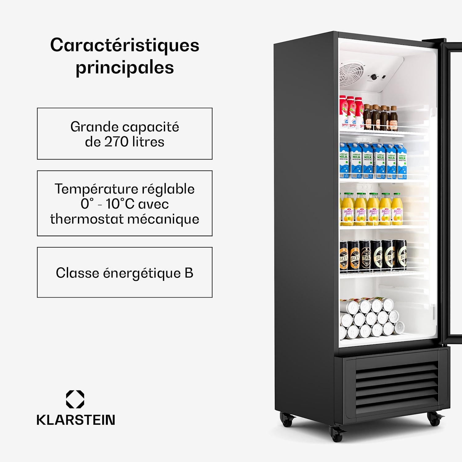 GrandCooler drankenkoeling | 270 L | ledverlichting | met wieltjes | 4 schappen 270 liter | Zwart