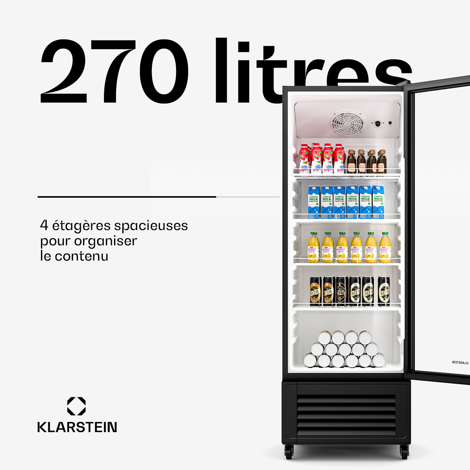 GrandCooler drankenkoeling | 270 L | ledverlichting | met wieltjes | 4 schappen 270 liter | Zwart