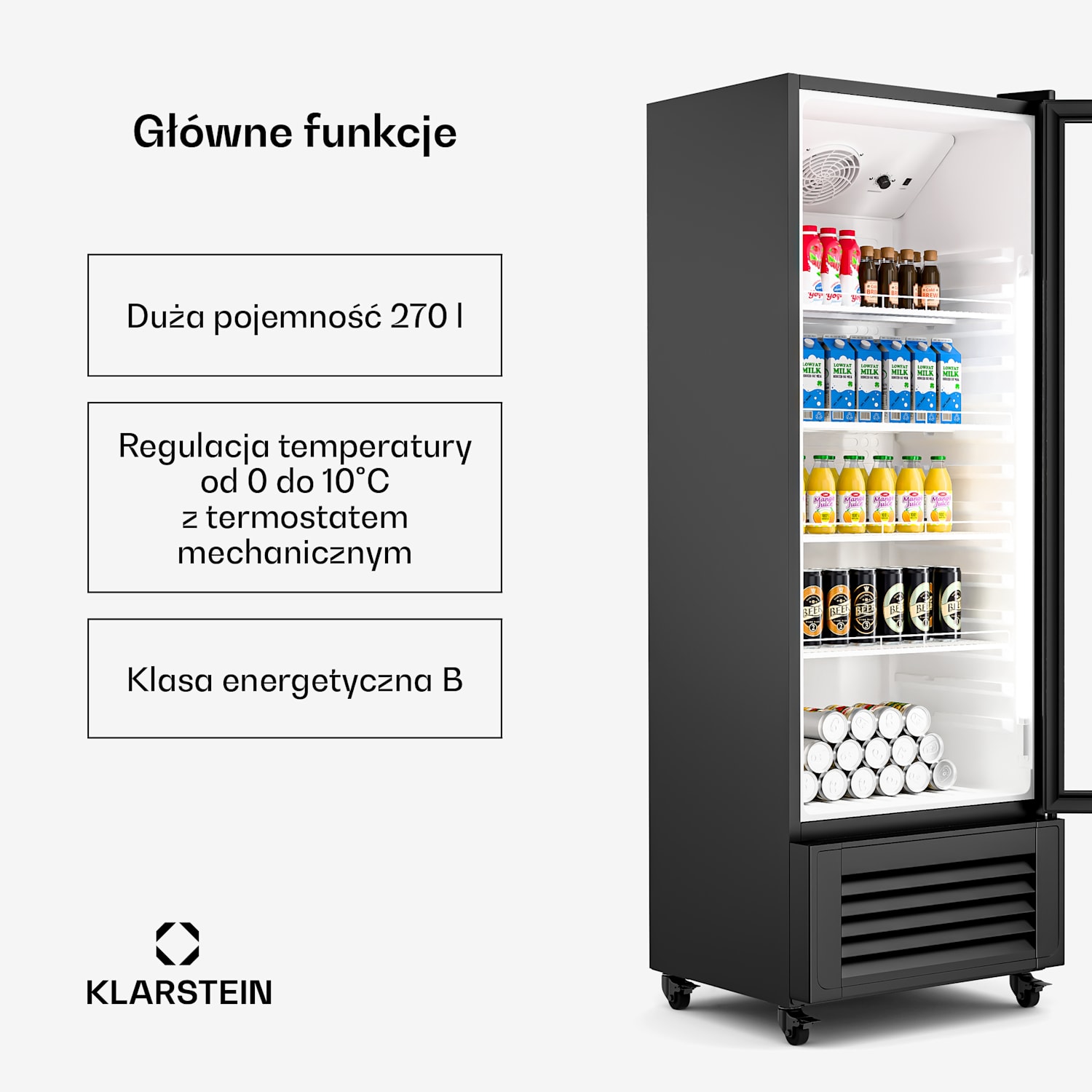 GrandCooler lodówka na napoje, 270 l, oświetlenie LED, kółka, 4 pólki 270 litrów | Czarny