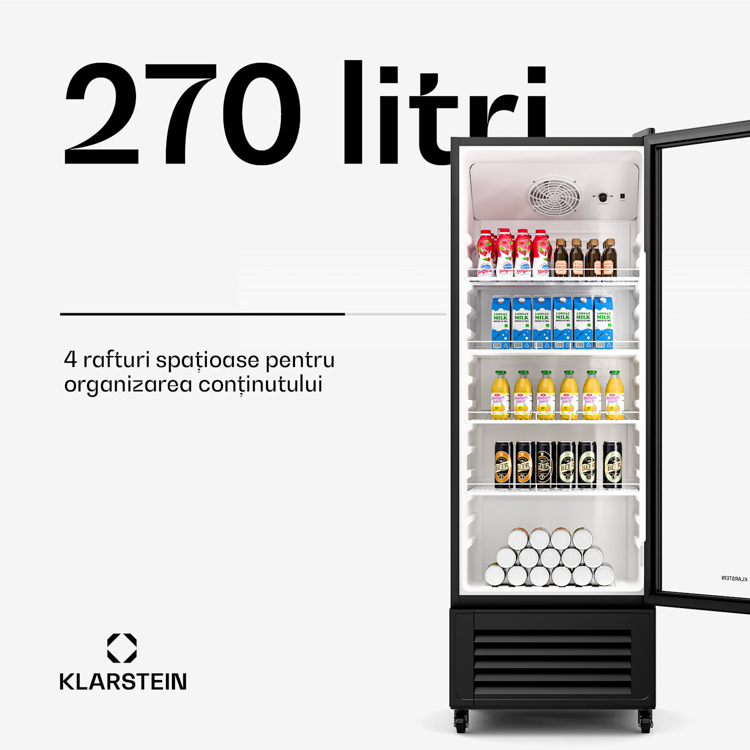 Frigider pentru băuturi GrandCooler, 270 l, iluminare LED, cu roți, 4 rafturi 270 litri | Negru