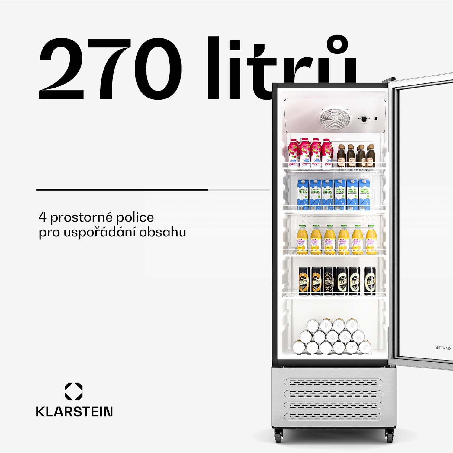 Chladnička na nápoje, 270 l, LED osvětlení, s kolečky, 4 police 270 litrů | Nerezová ocel