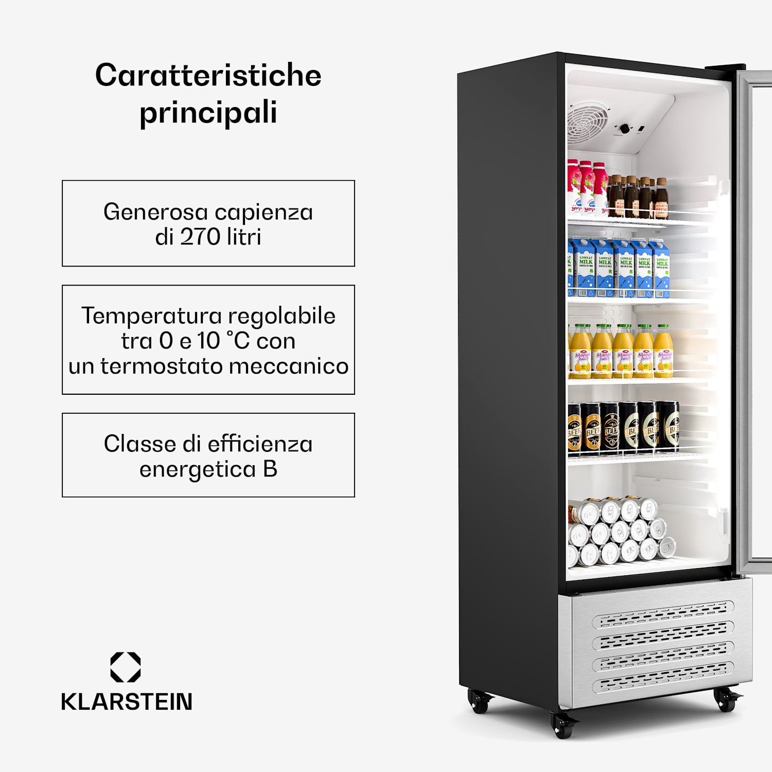 GrandCooler - Frigorifero per bevande | 270 L | Illuminazione a LED | Con rotelle | 4 ripiani 270 litri | Acciaio inox