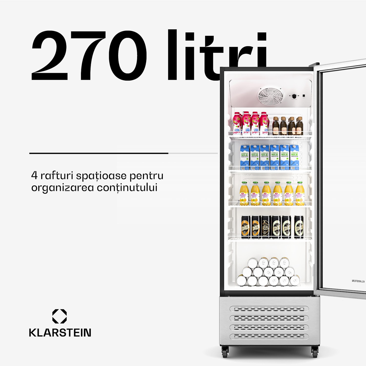 Frigider pentru băuturi GrandCooler, 270 l, iluminare LED, cu roți, 4 rafturi 270 litri | Oțel inoxidabil