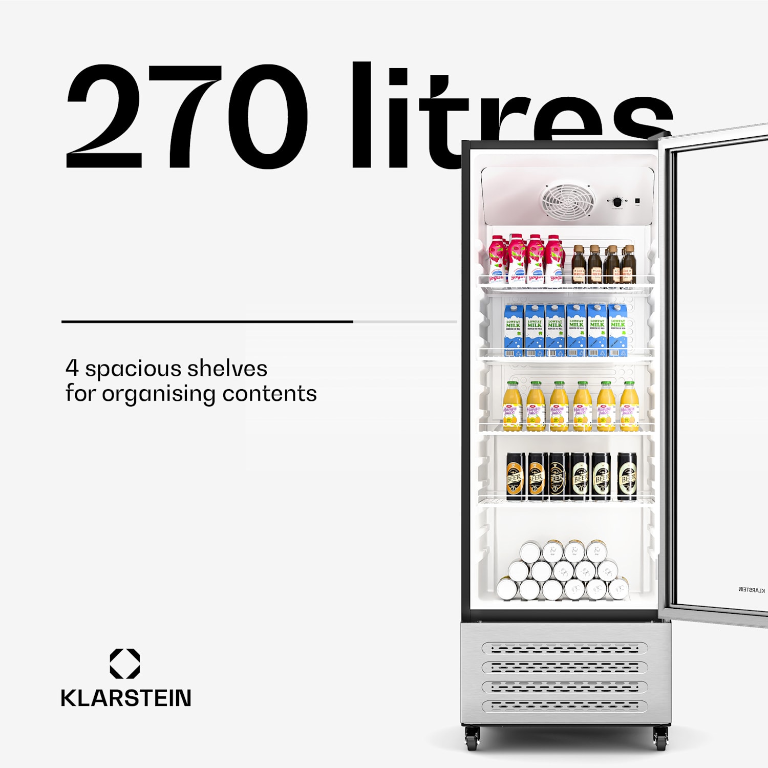 GrandCooler juomajääkaappi | 270 l | LED-valaistus | varustettu pyörillä | 4 hyllyä 270 litraa | Ruostumaton Teräs