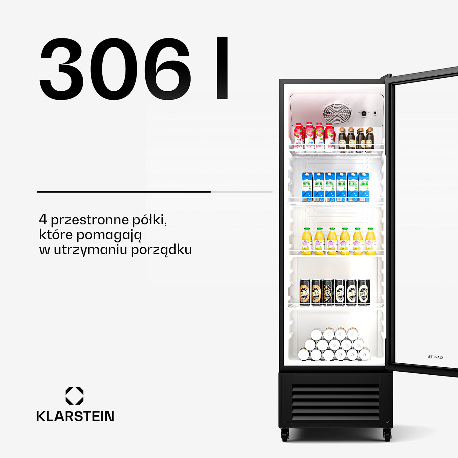 GrandCooler lodówka na napoje, 306 l, oświetlenie LED, kółka, 4 półki 306 litrów | Czarny