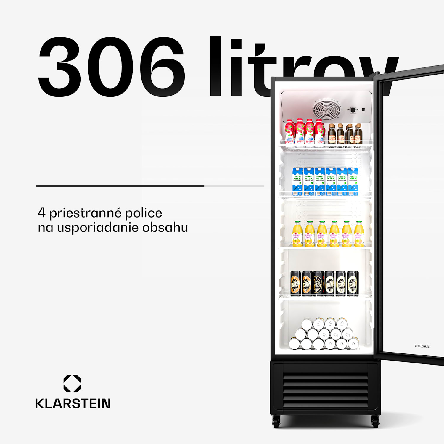 GrandCooler chladnička na nápoje, 306 l, LED osvetlenie, s kolieskami, 4 police 306 litrov | Čierna