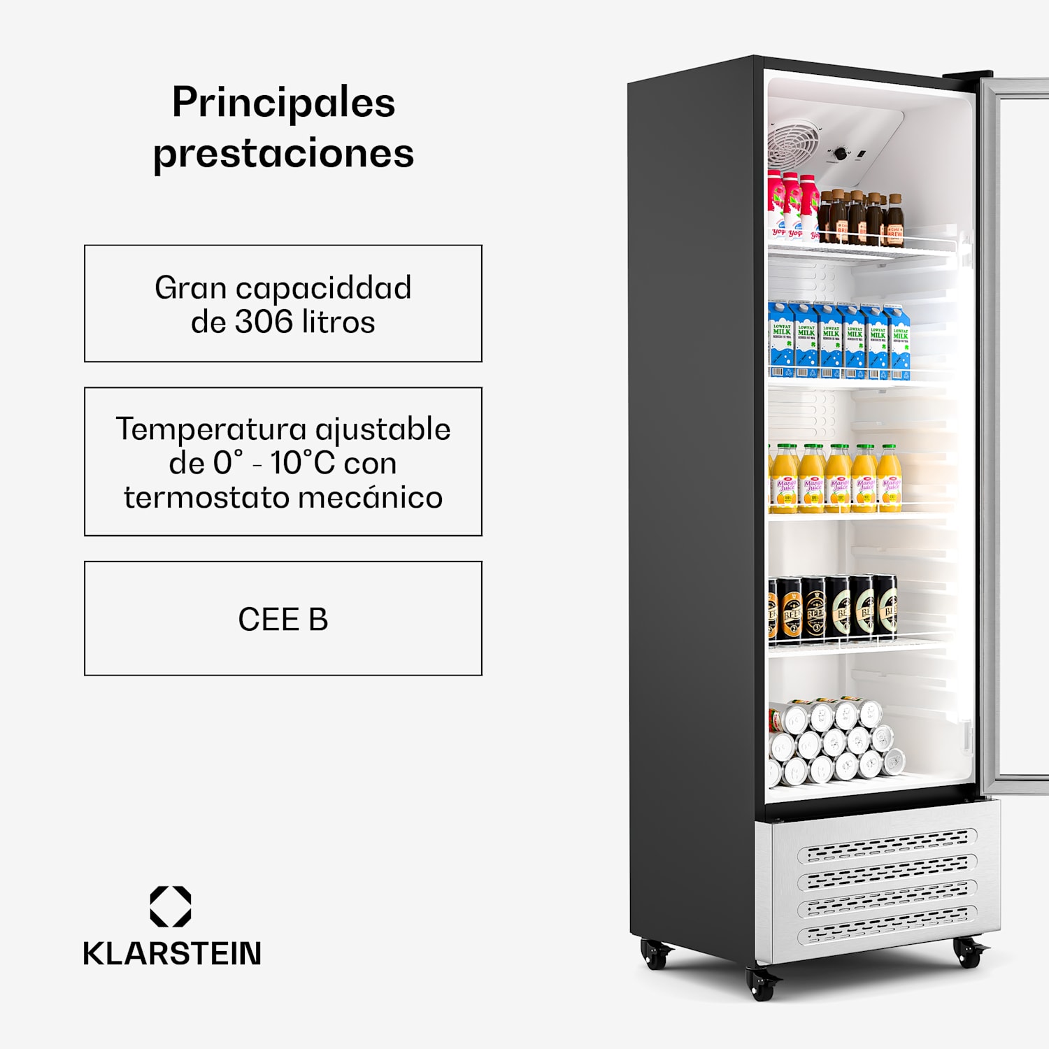 GrandCooler nevera para bebidas | 306 L | iluminación LED | con ruedas | 4 estantes 306 litros | Acero Inoxidable