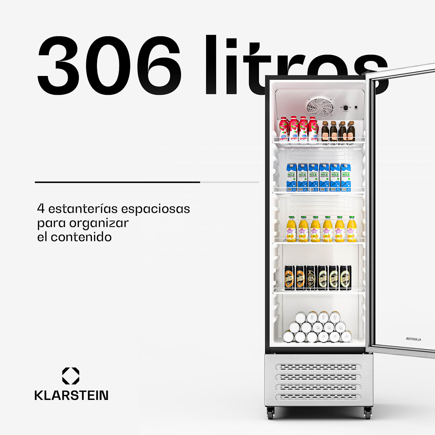 GrandCooler nevera para bebidas | 306 L | iluminación LED | con ruedas | 4 estantes 306 litros | Acero Inoxidable