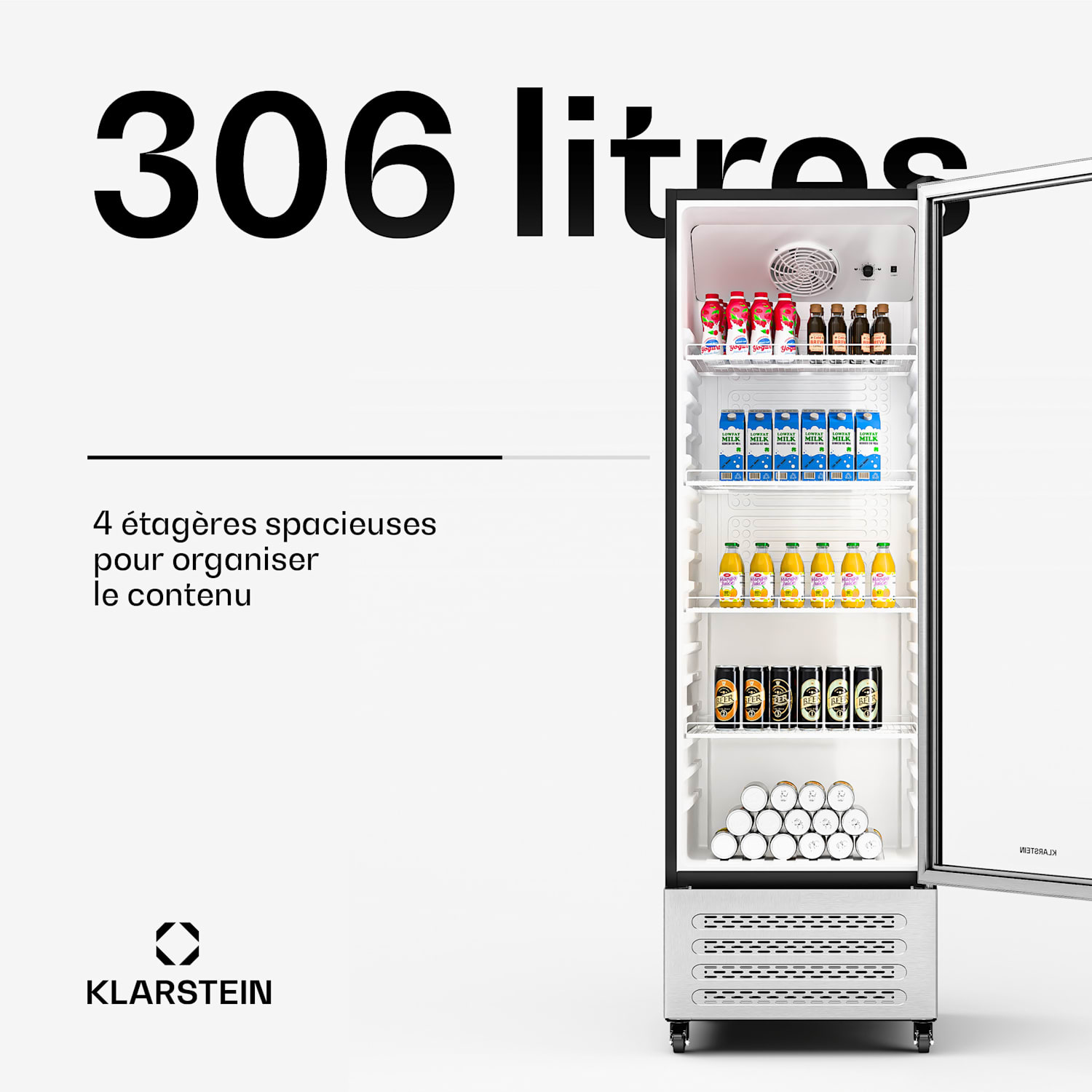 GrandCooler Réfrigérateur à boissons | 306 L | Éclairage LED | avec roues | 4 étagères 306 litres | Acier Inoxydable