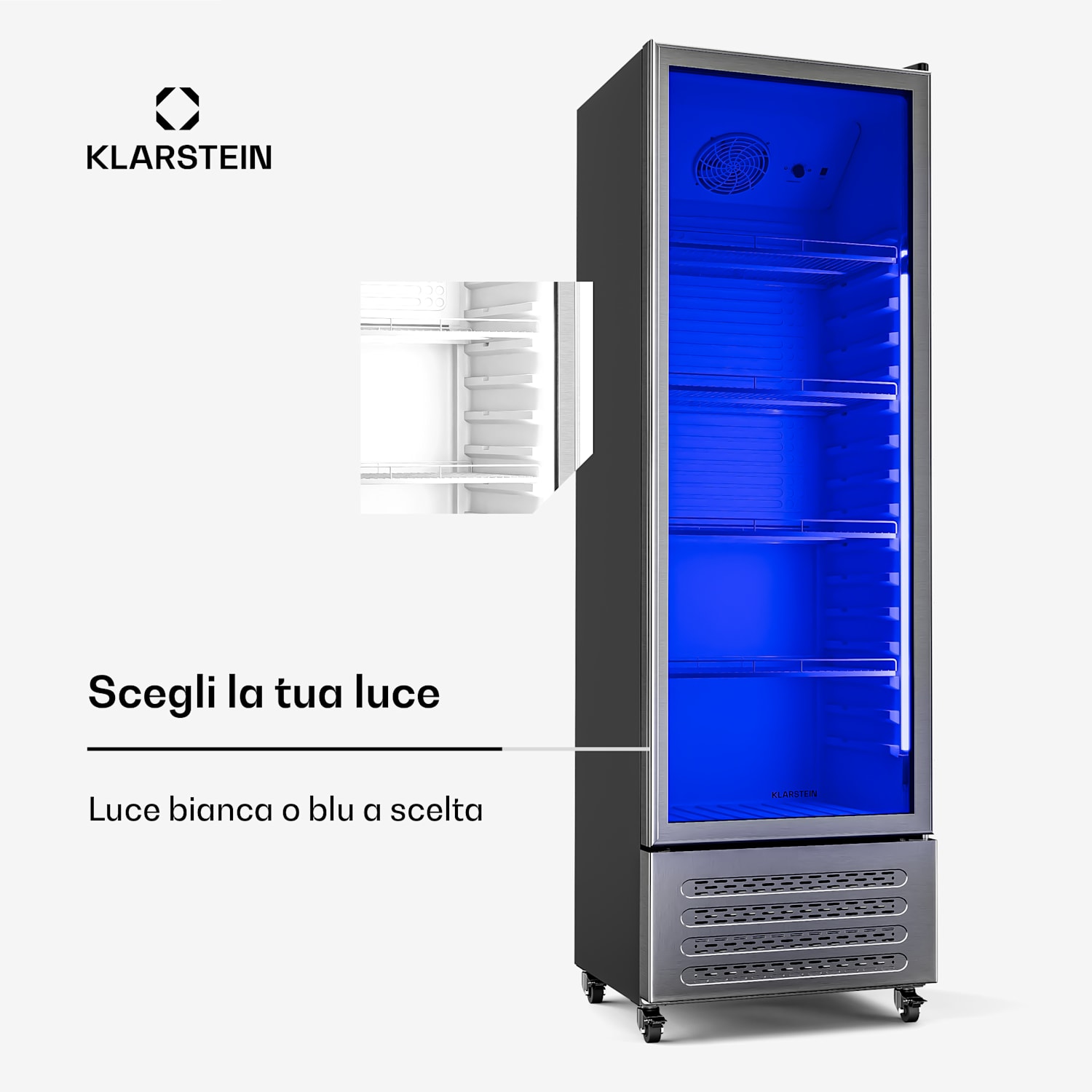 GrandCooler - Frigorifero per bevande | 306 L | Illuminazione a LED | Con rotelle | 4 ripiani 306 litri | Acciaio inox